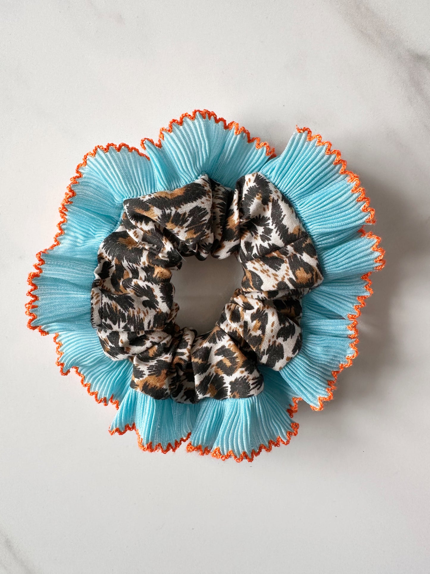 Mini Oversized Leopard Print Scrunchie with a Blue Frill Trim