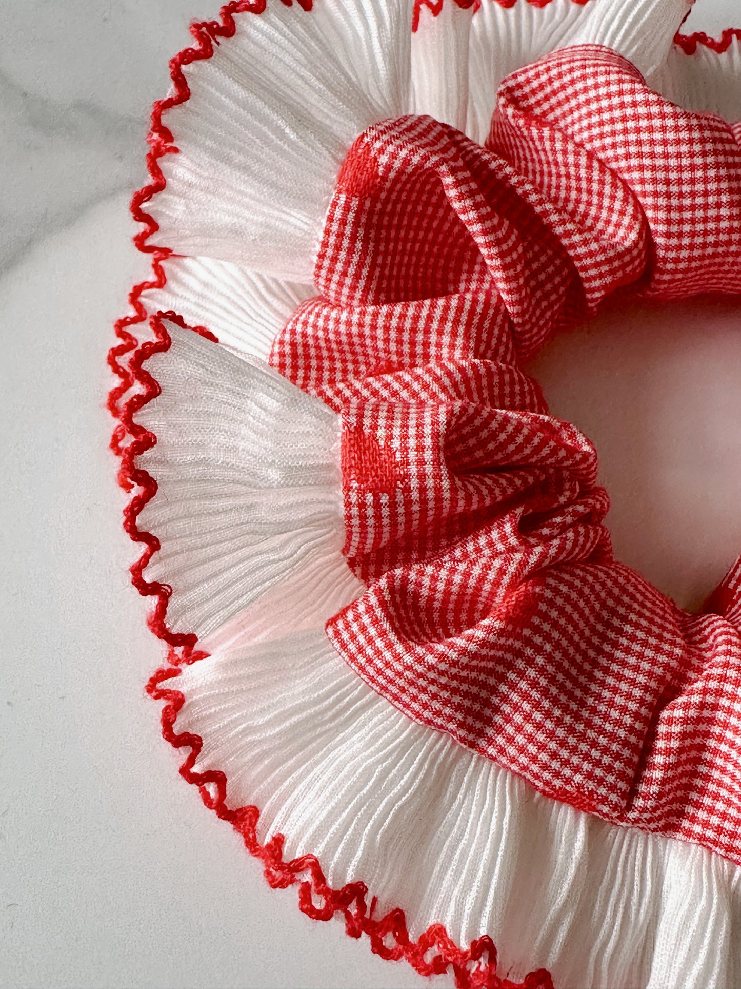 XL Valentines Gingham Scrunchie with White and Red Frill Trim