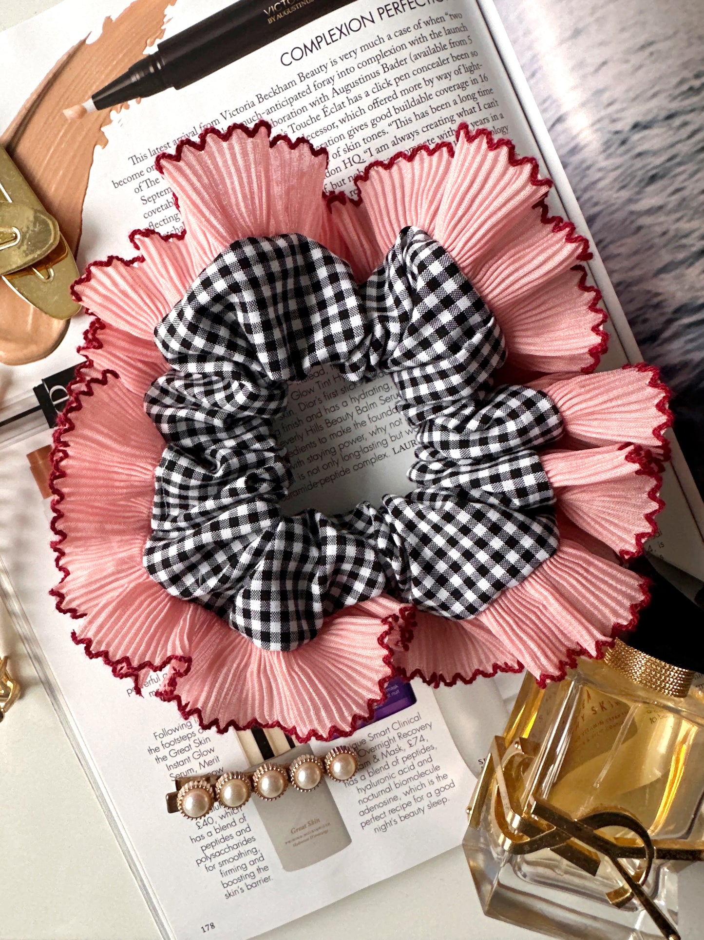 Handmade XL Black Gingham Scrunchie with Pink and Red Frill Trim