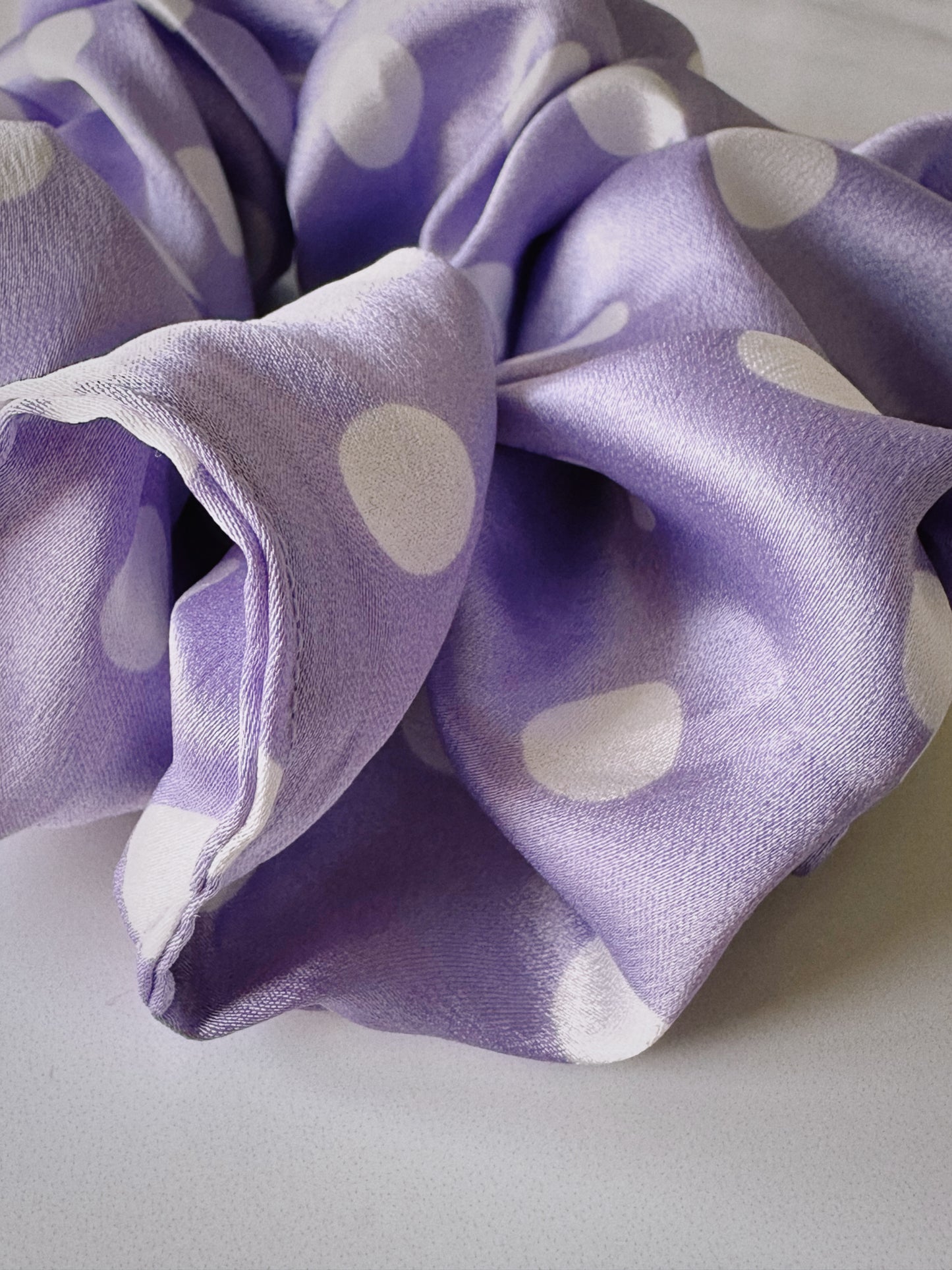 Purple and White Polkadot Satin Scrunchie