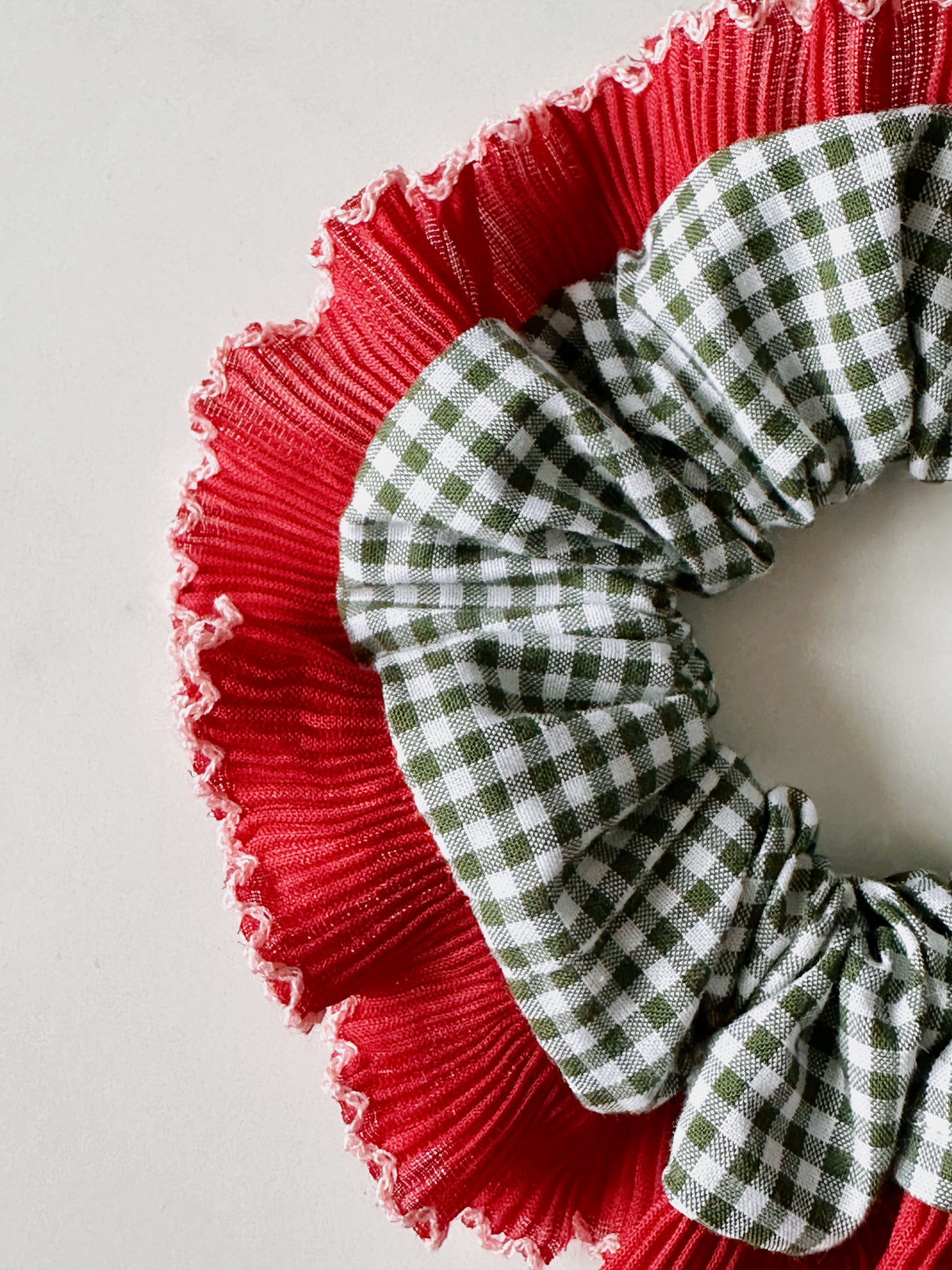 Handmade XL Dark Green Gingham Scrunchie with Red Frill Trim