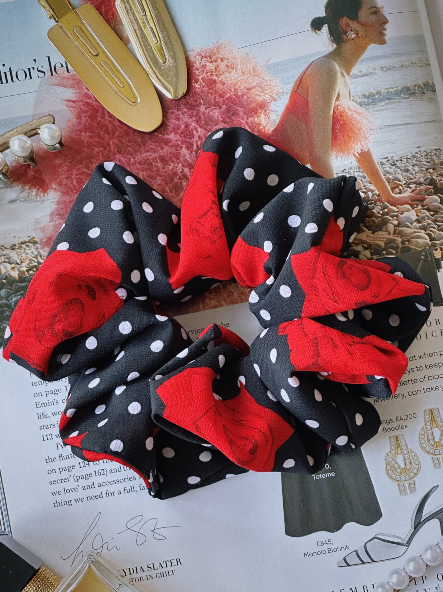 Polkadot and Rose Chiffon Scrunchie