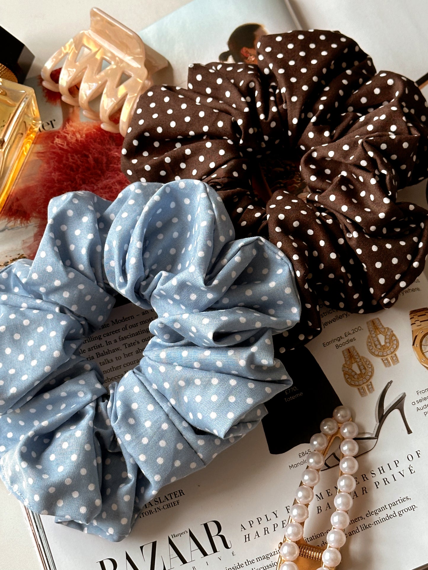 Baby Blue Polkadot & Brown Polkadot Scrunchie Duo