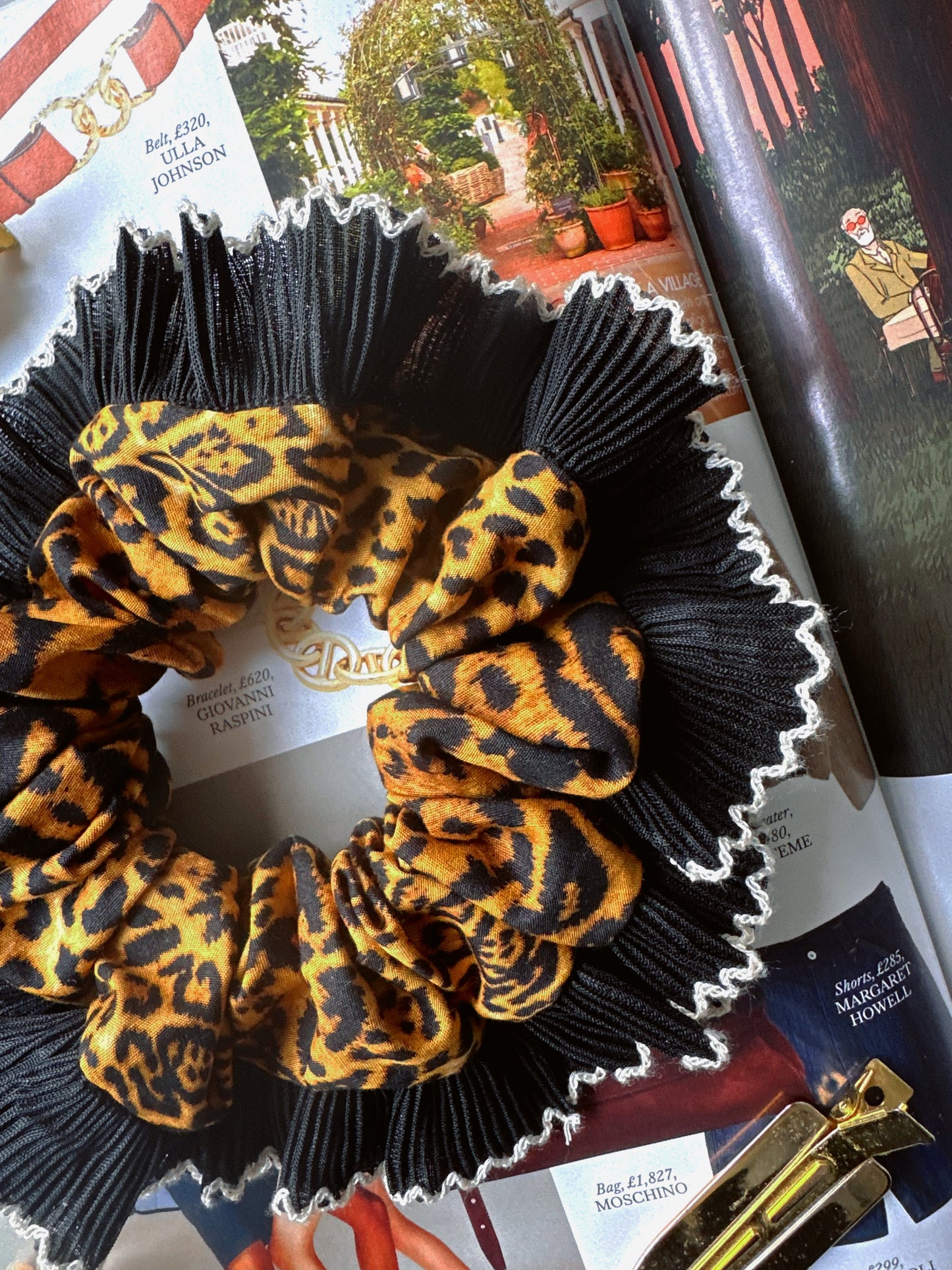Handmade XL Leopard Print Scrunchie with Black Frill Trim