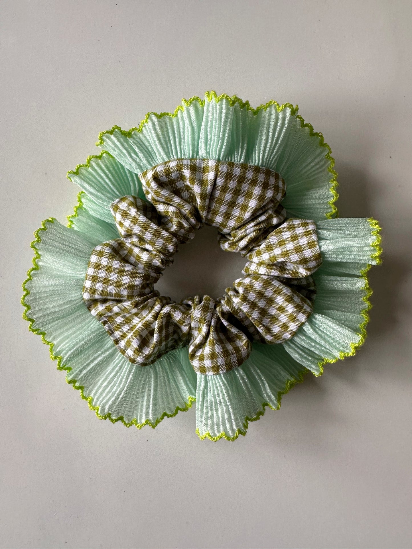 Mini Oversized Olive Green Gingham Scrunchie with Green Frill Trim