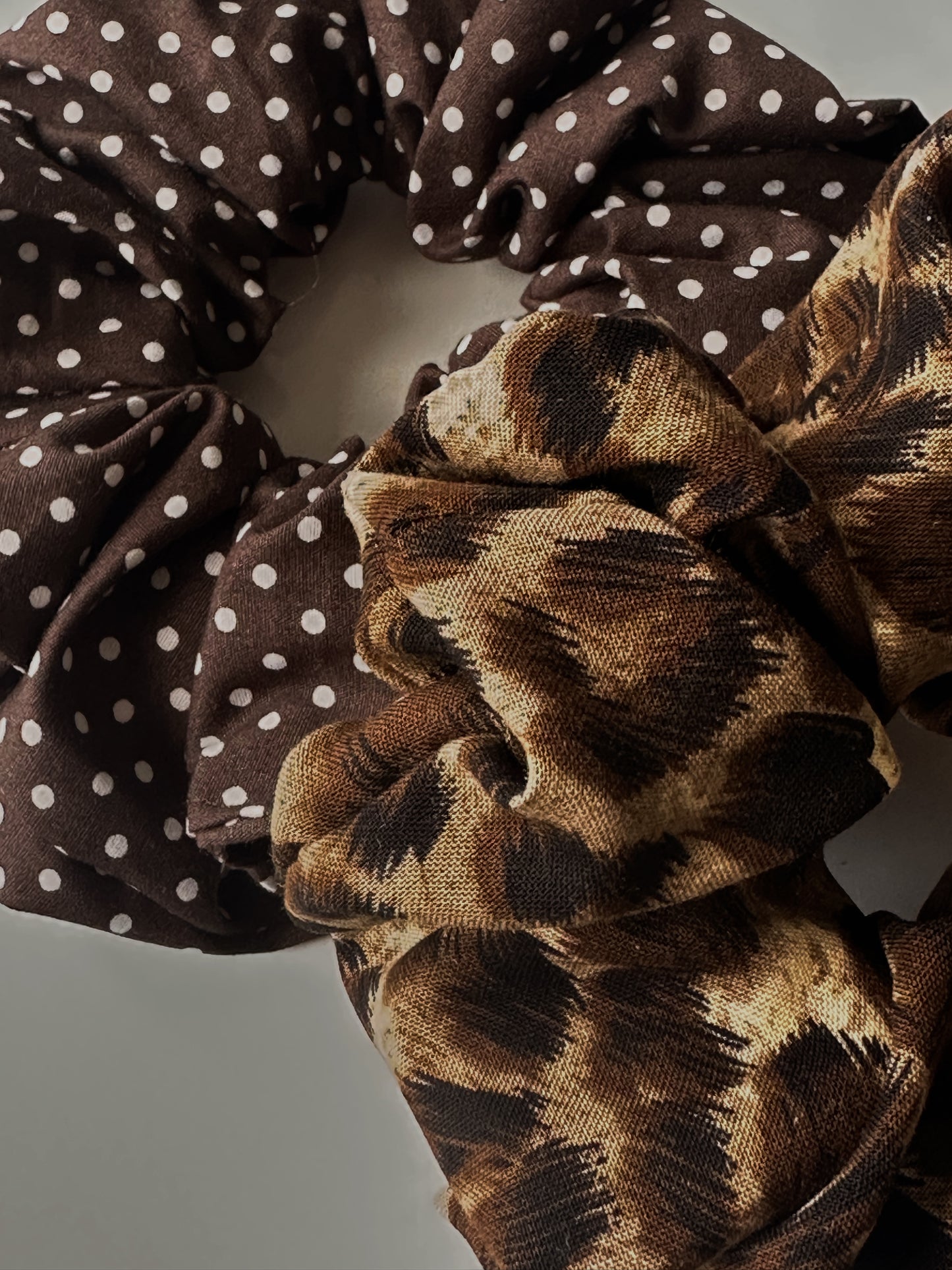 Brown Polkadot & Leopard Print Scrunchie Duo