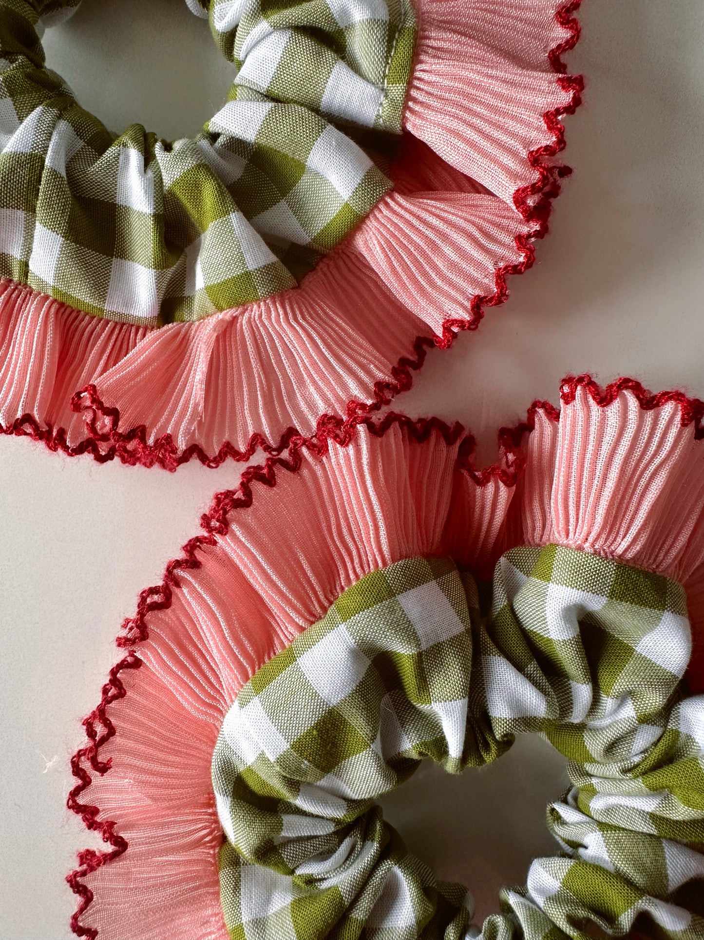 Mini Oversized Olive Green Gingham Scrunchie with Pink Frill Trim