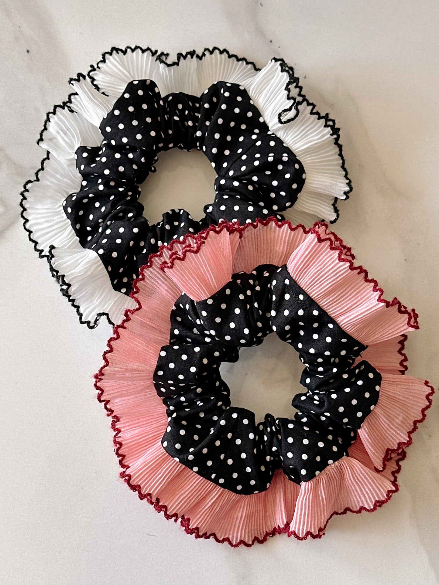 Oversized Black Polkadot Scrunchie with Pink Frill Trim