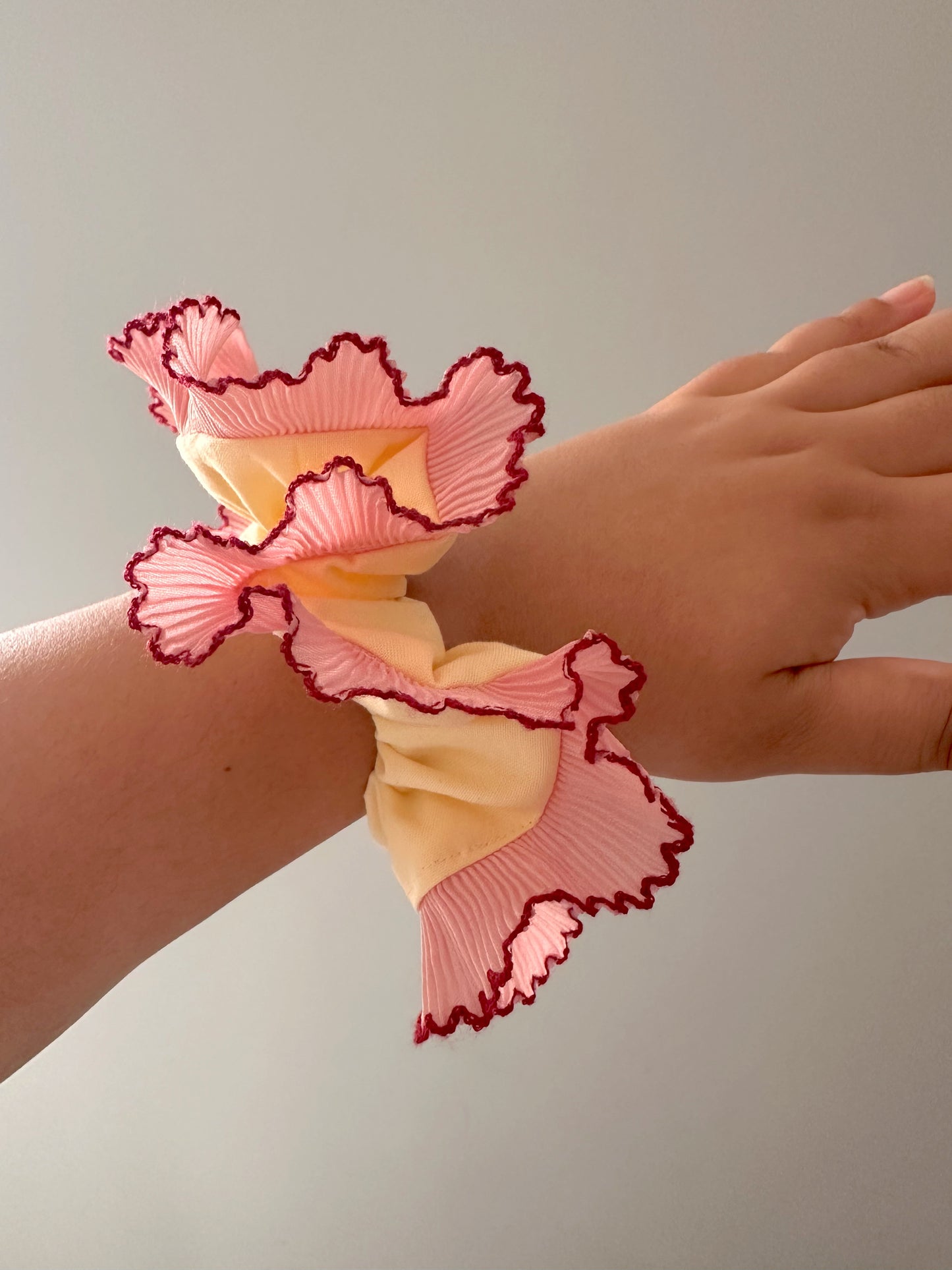 Handmade XL Butter Yellow and Pink Cotton Ruffle Scrunchie