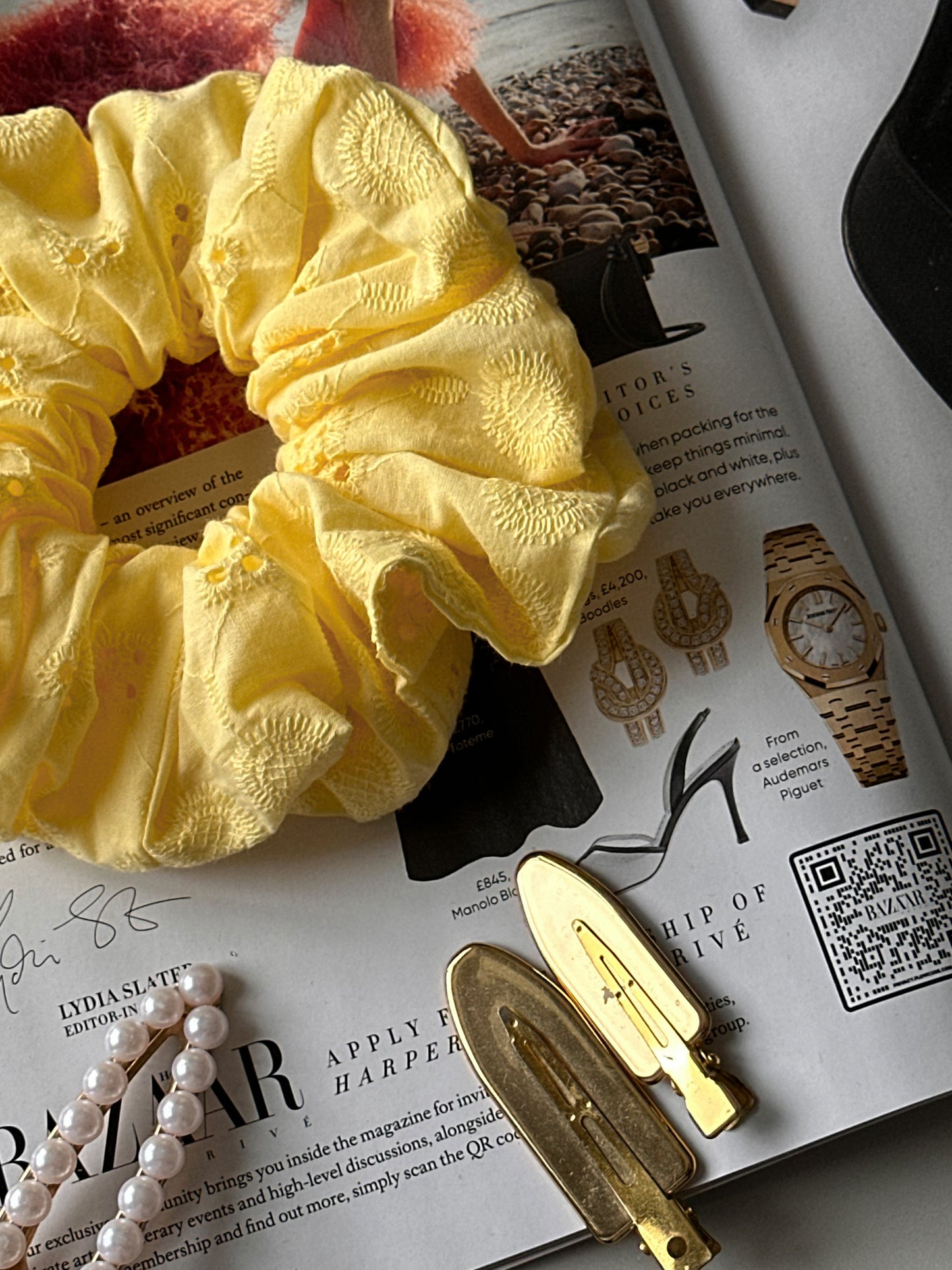 Lemon Broderie Scrunchie – Handmade Embroidered Cotton Hair Tie