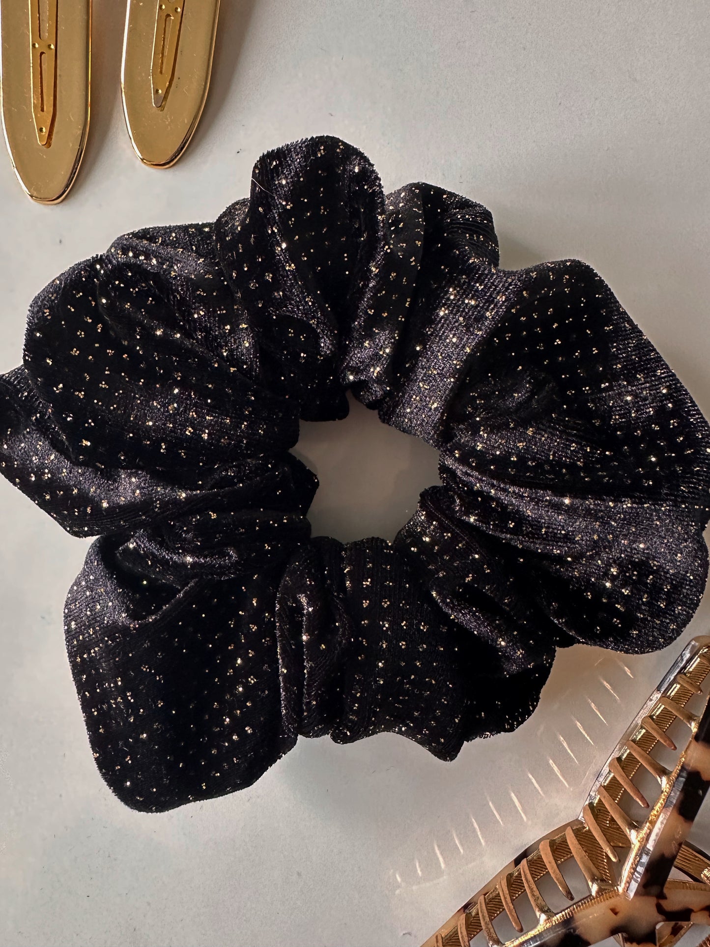 Oversized Black Velvet Gold Glitter Scrunchie