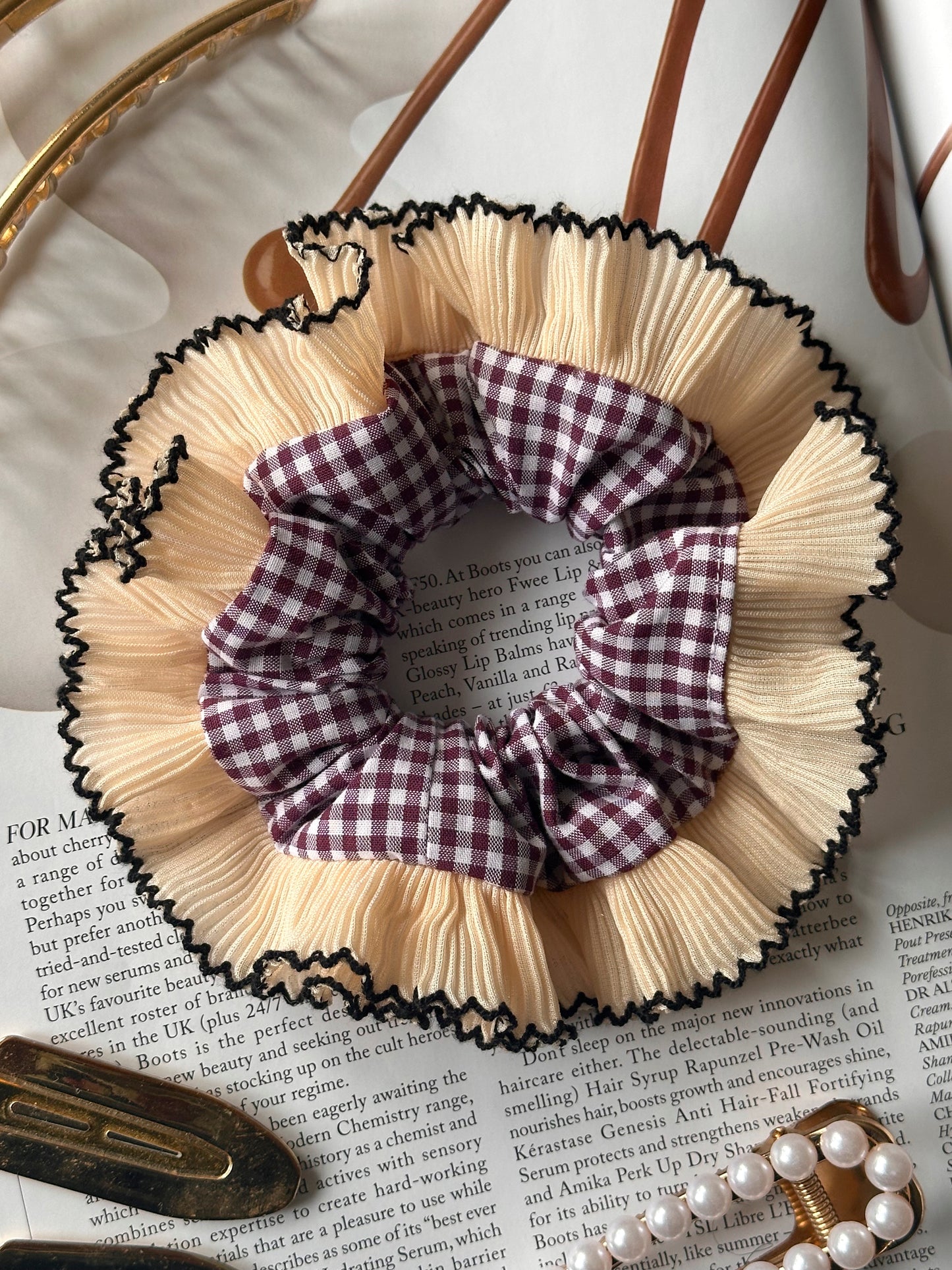 Mini Mulberry Gingham Scrunchie with Cream Frill Trim
