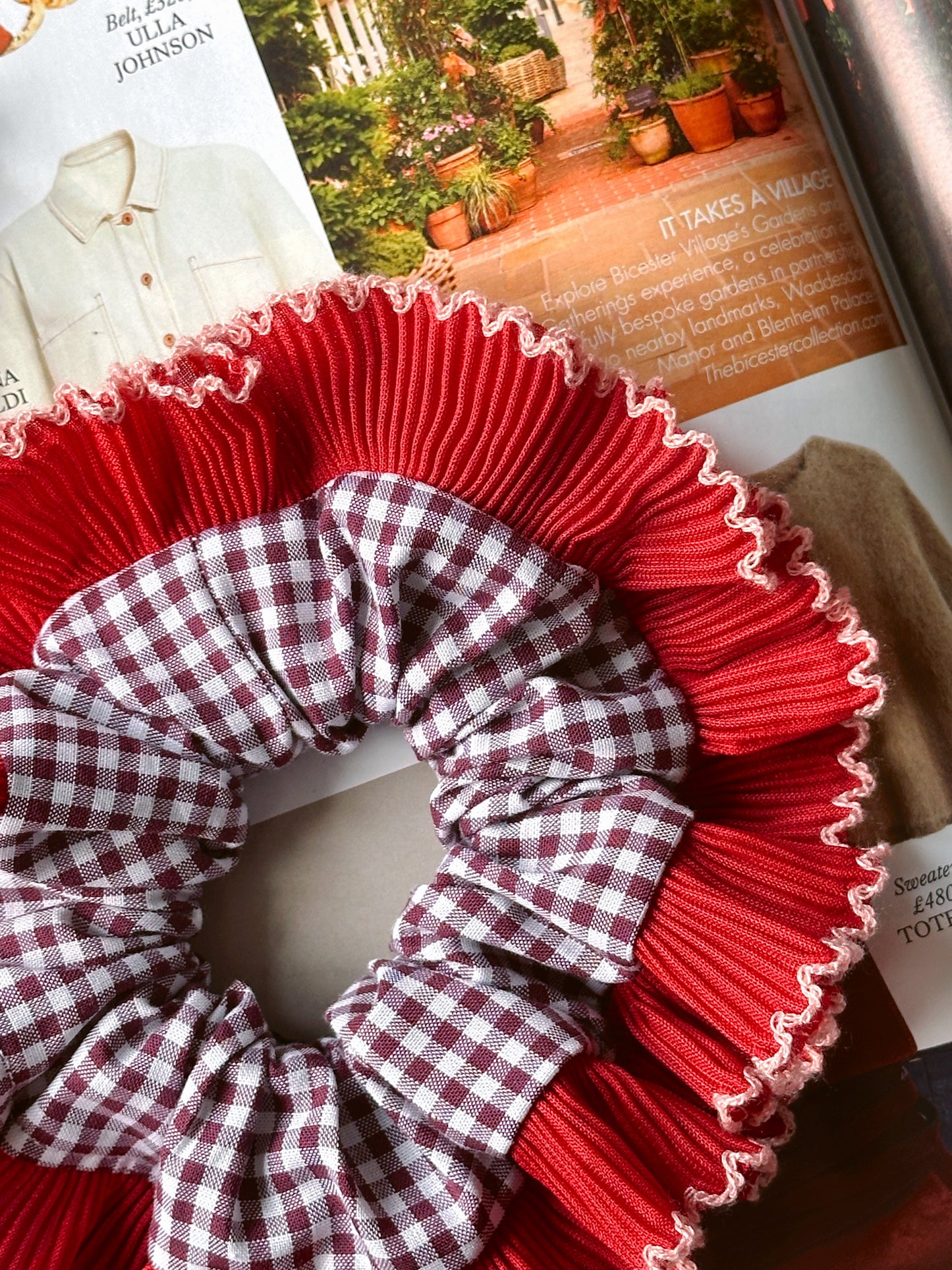 Mini Mulberry Gingham Scrunchie with Red Frill Trim
