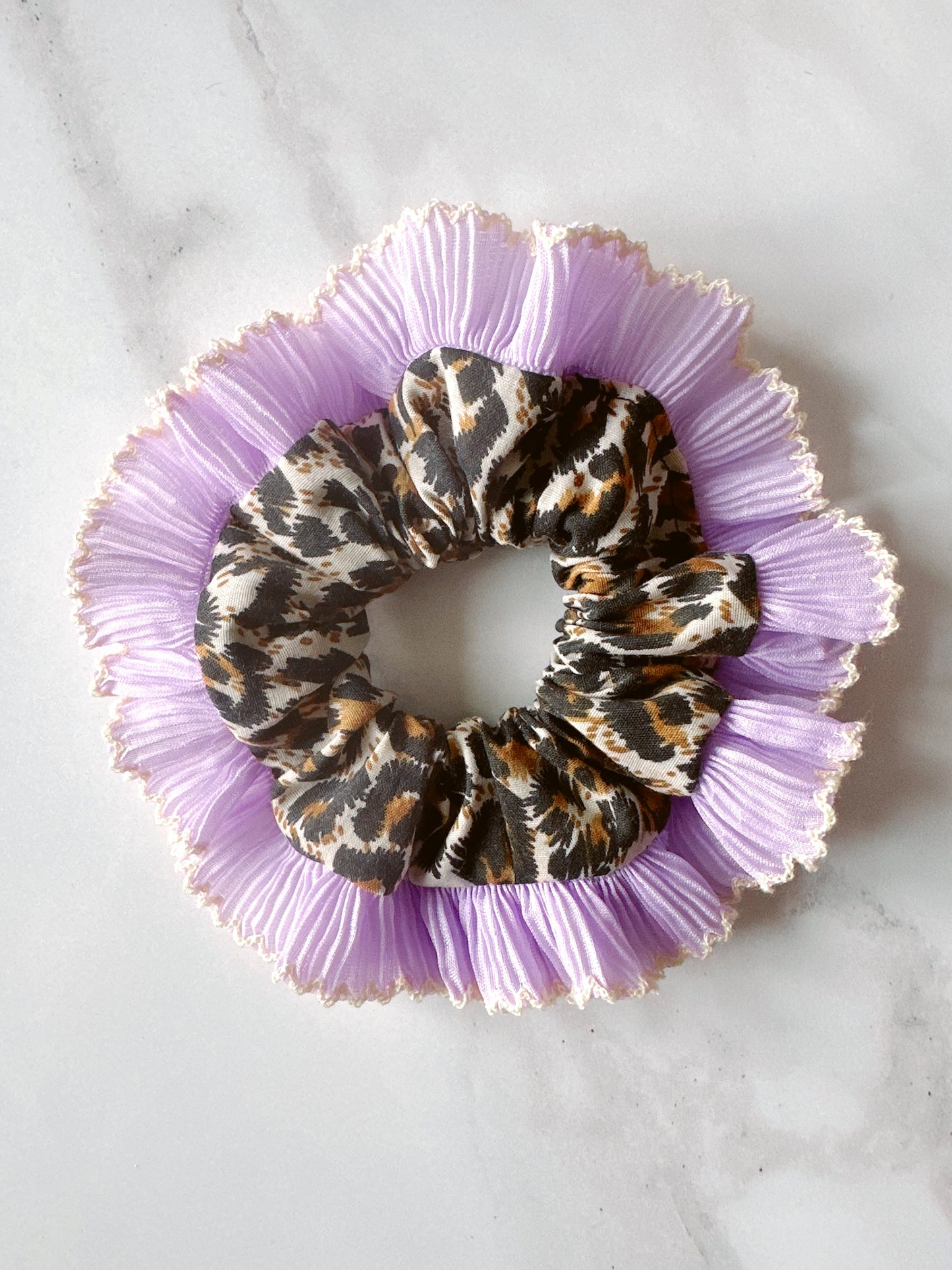 Mini Oversized Leopard Print Scrunchie with a Purple Frill Trim