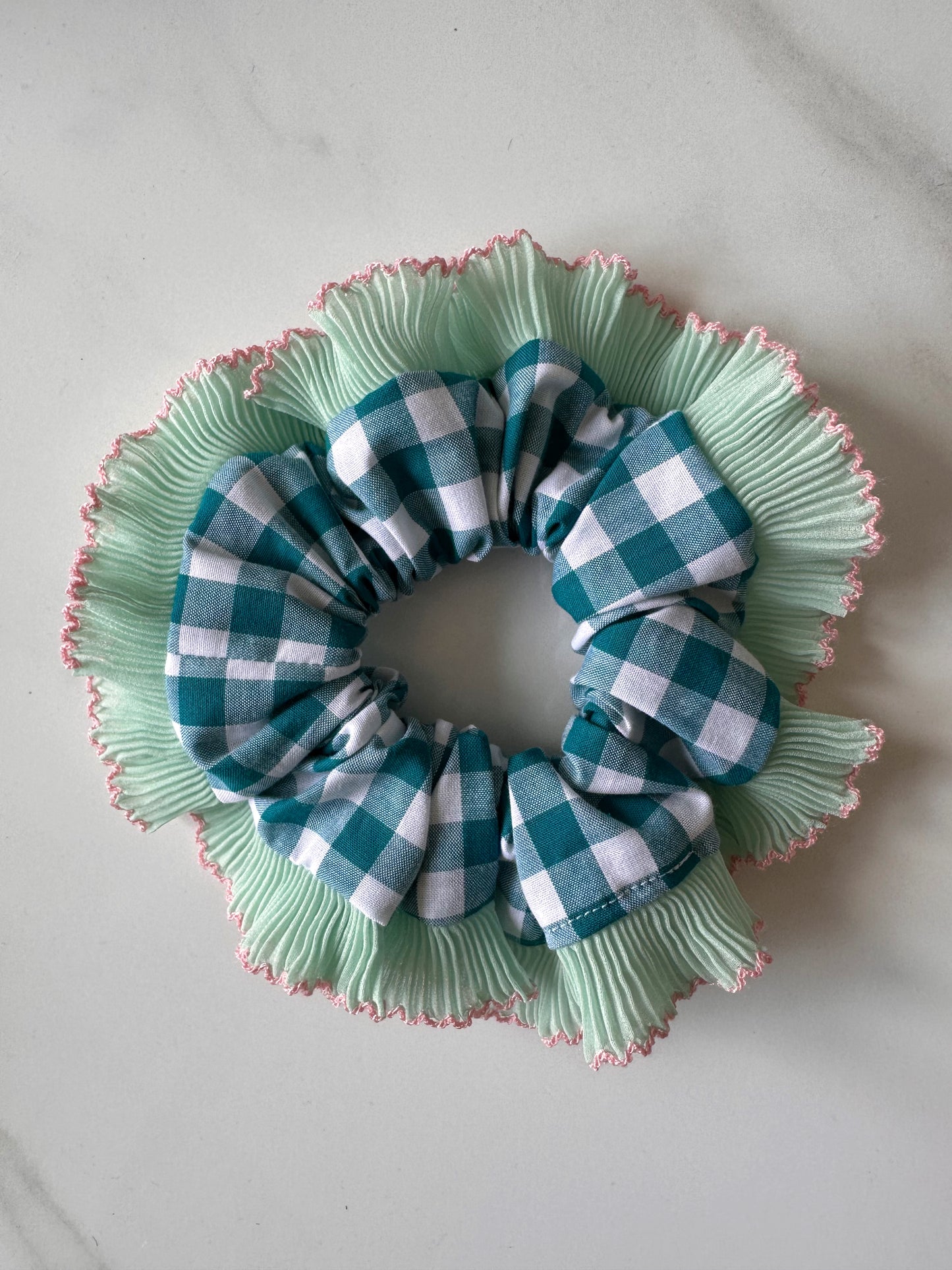 Teal Blue Gingham with Green and Pink Frill Trim