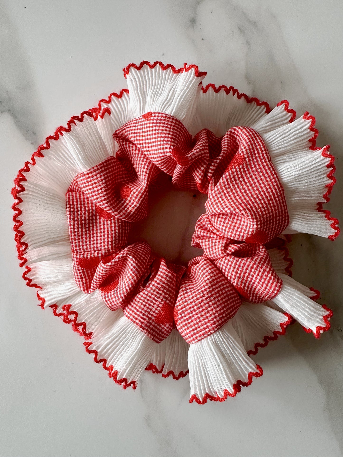 XL Valentines Gingham Scrunchie with White and Red Frill Trim