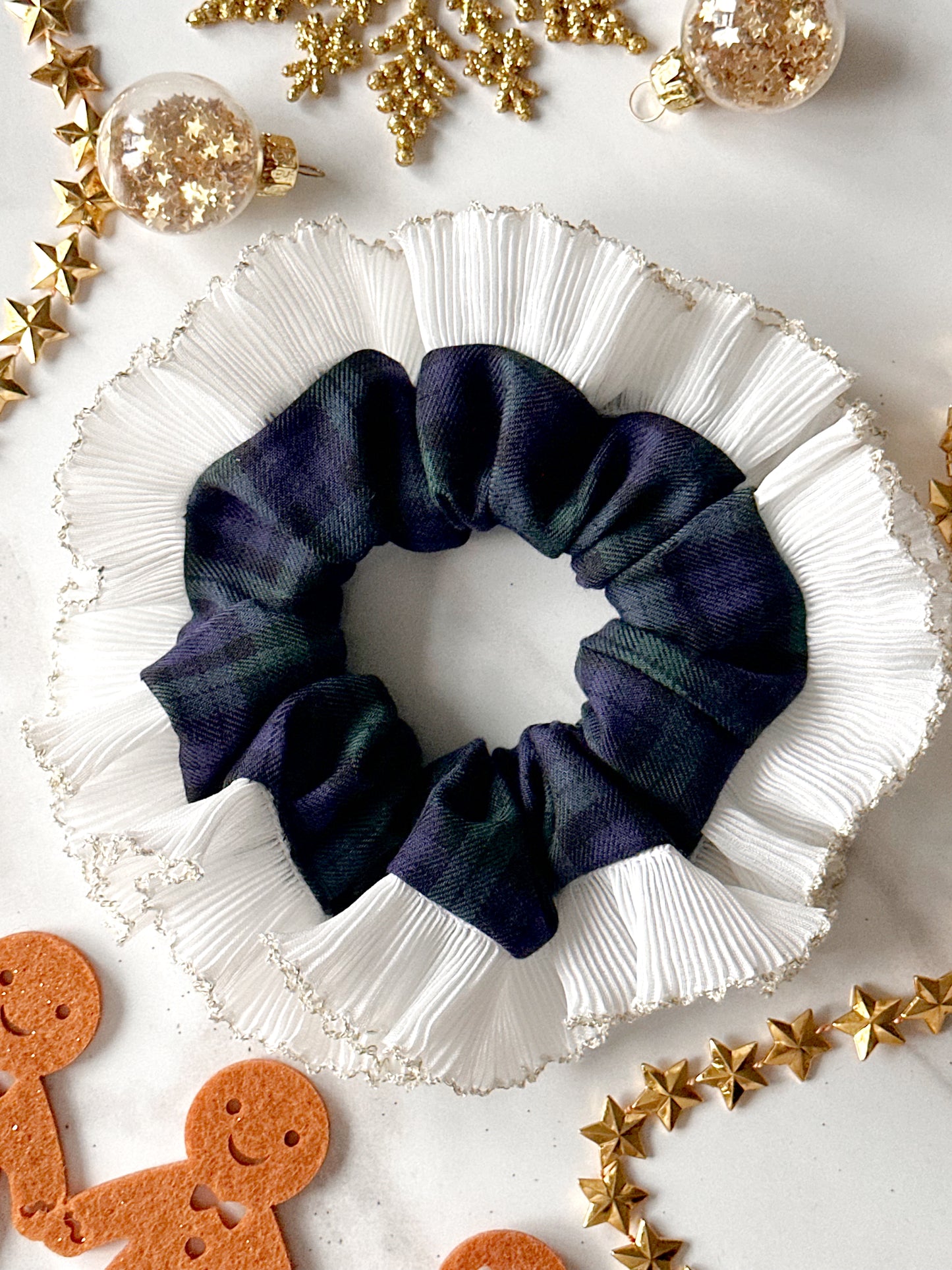 Blue and Green Tartan Scrunchie with White and Gold Frill Trim