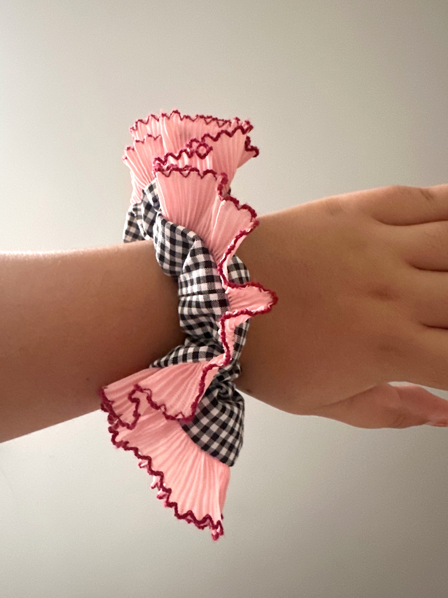 Handmade XL Black Gingham Scrunchie with Pink and Red Frill Trim