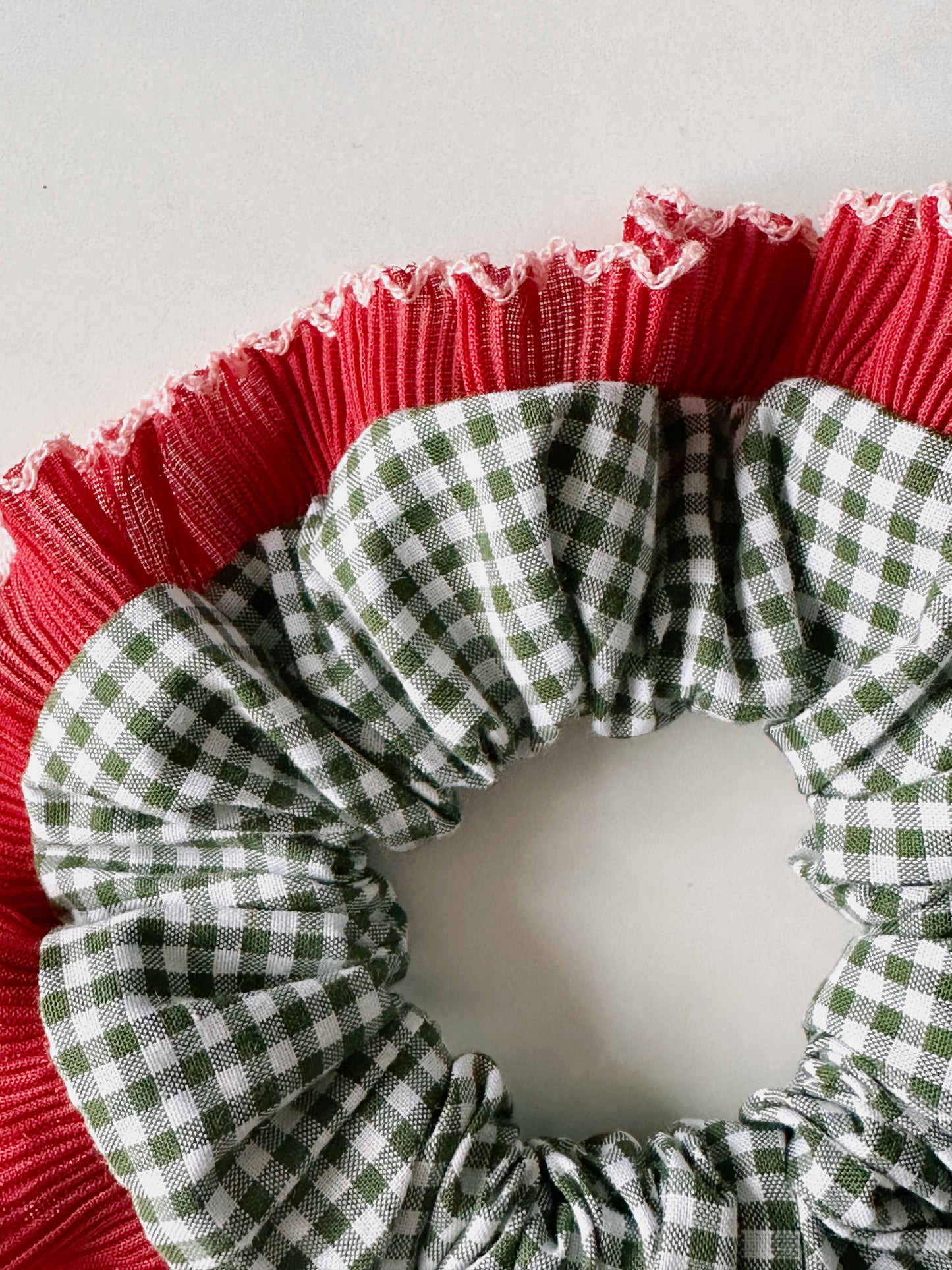 Handmade XL Dark Green Gingham Scrunchie with Red Frill Trim