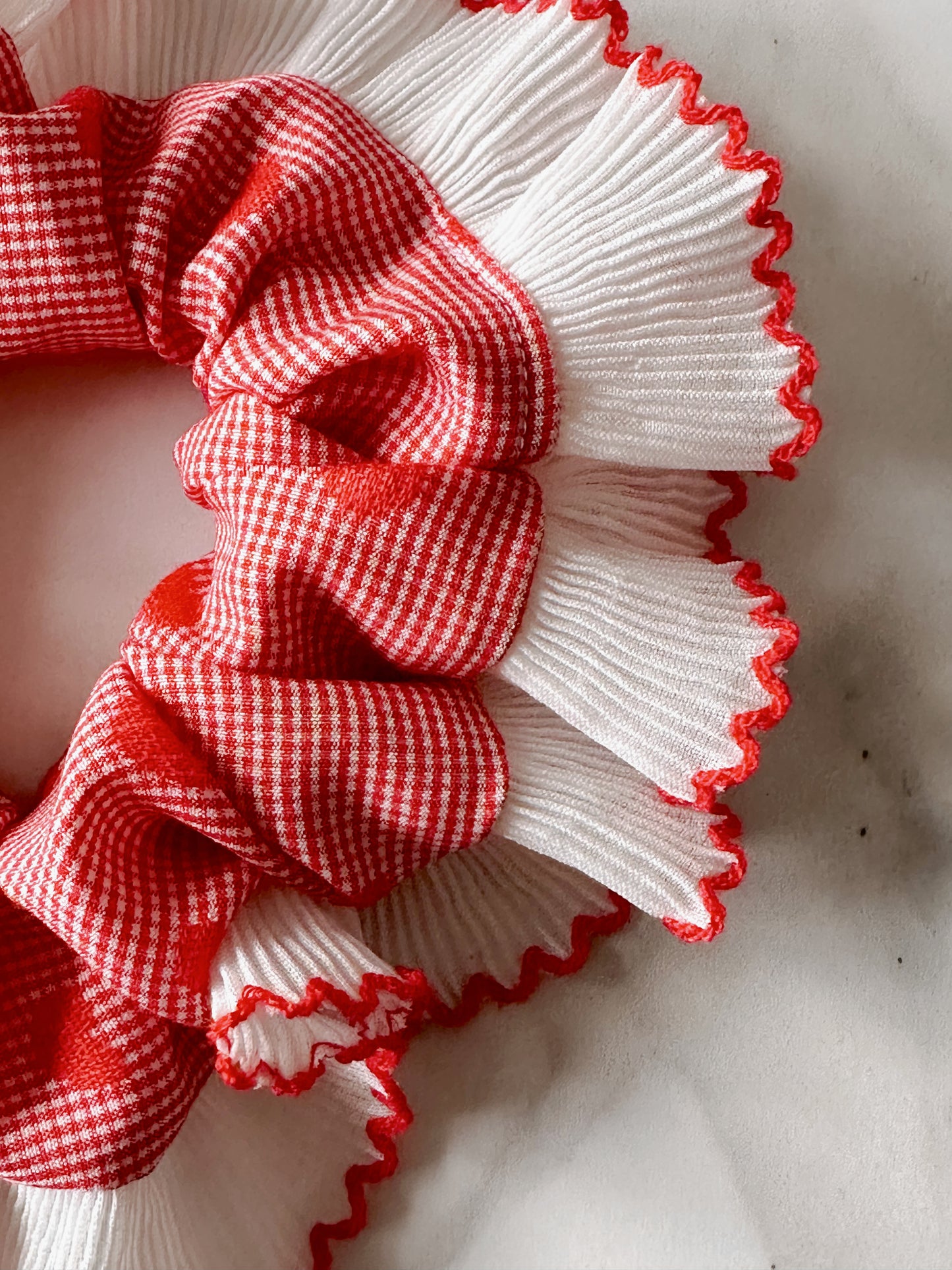 XL Valentines Gingham Scrunchie with White and Red Frill Trim
