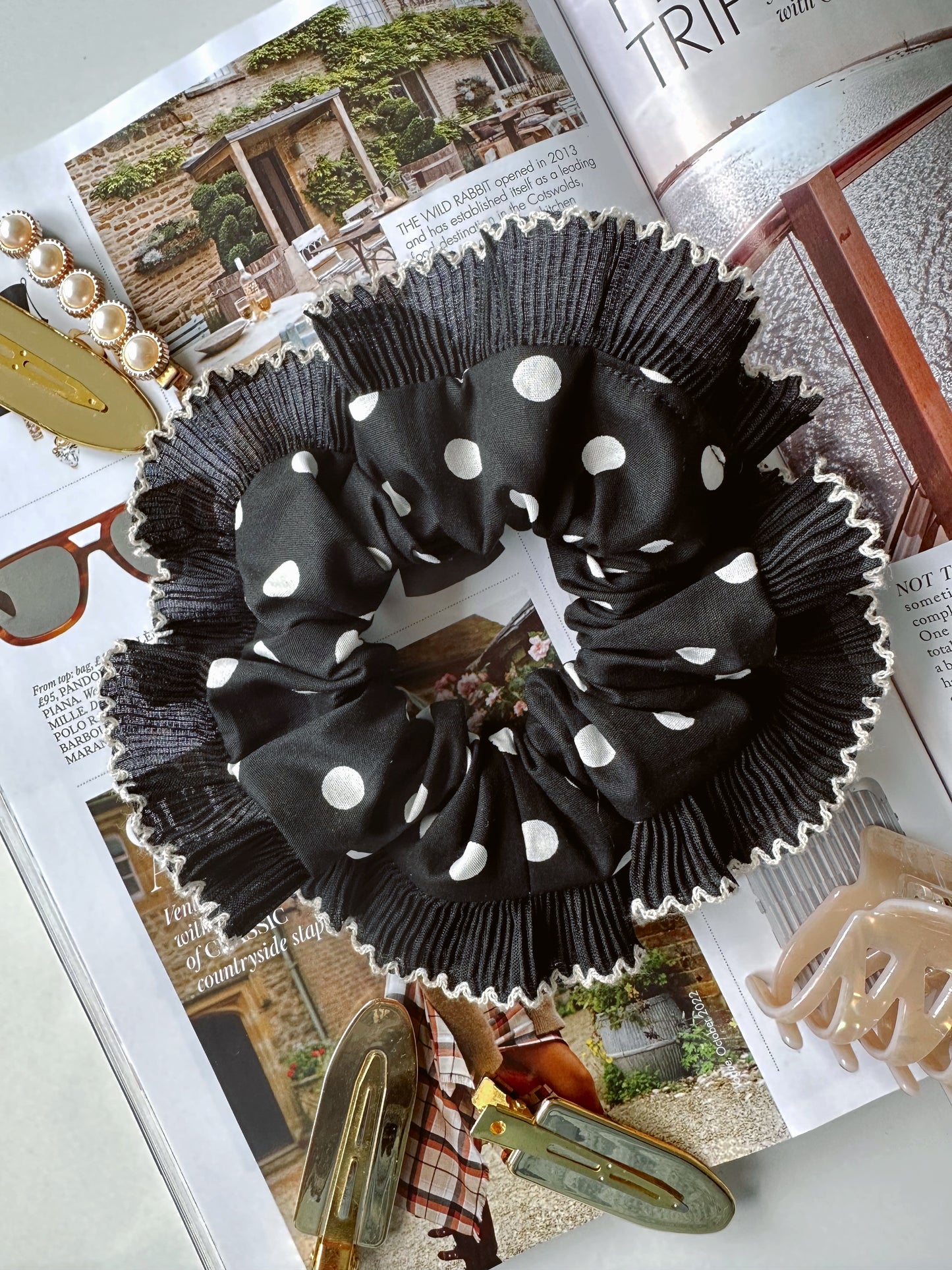 XL Black Polkadot Scrunchie with Black and White Frill Trim