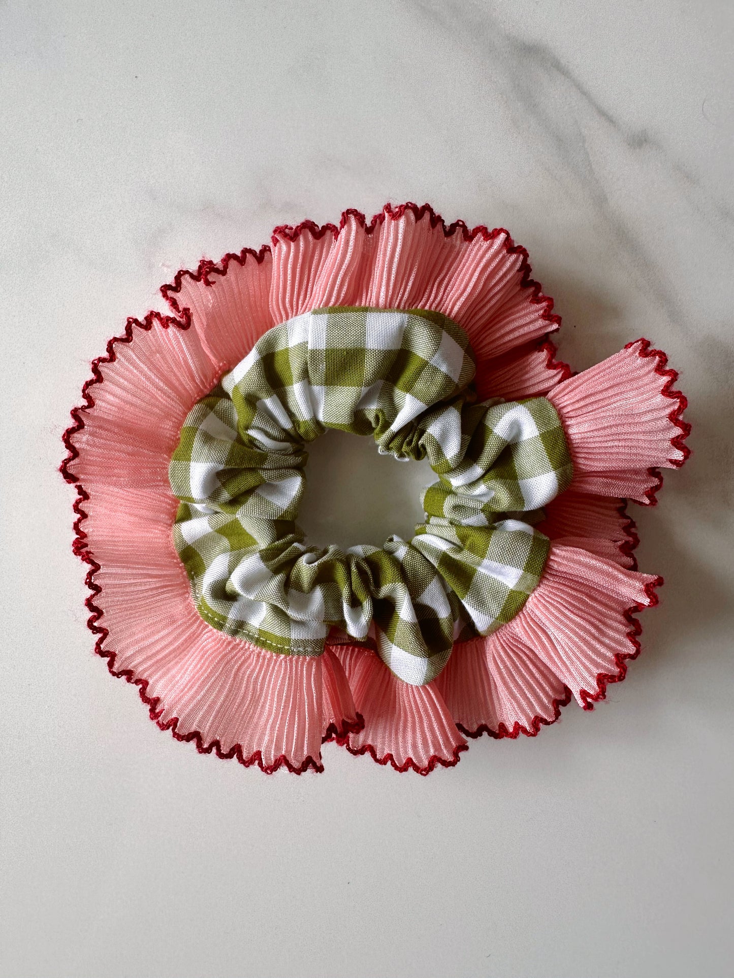 Mini Oversized Olive Green Gingham Scrunchie with Pink Frill Trim