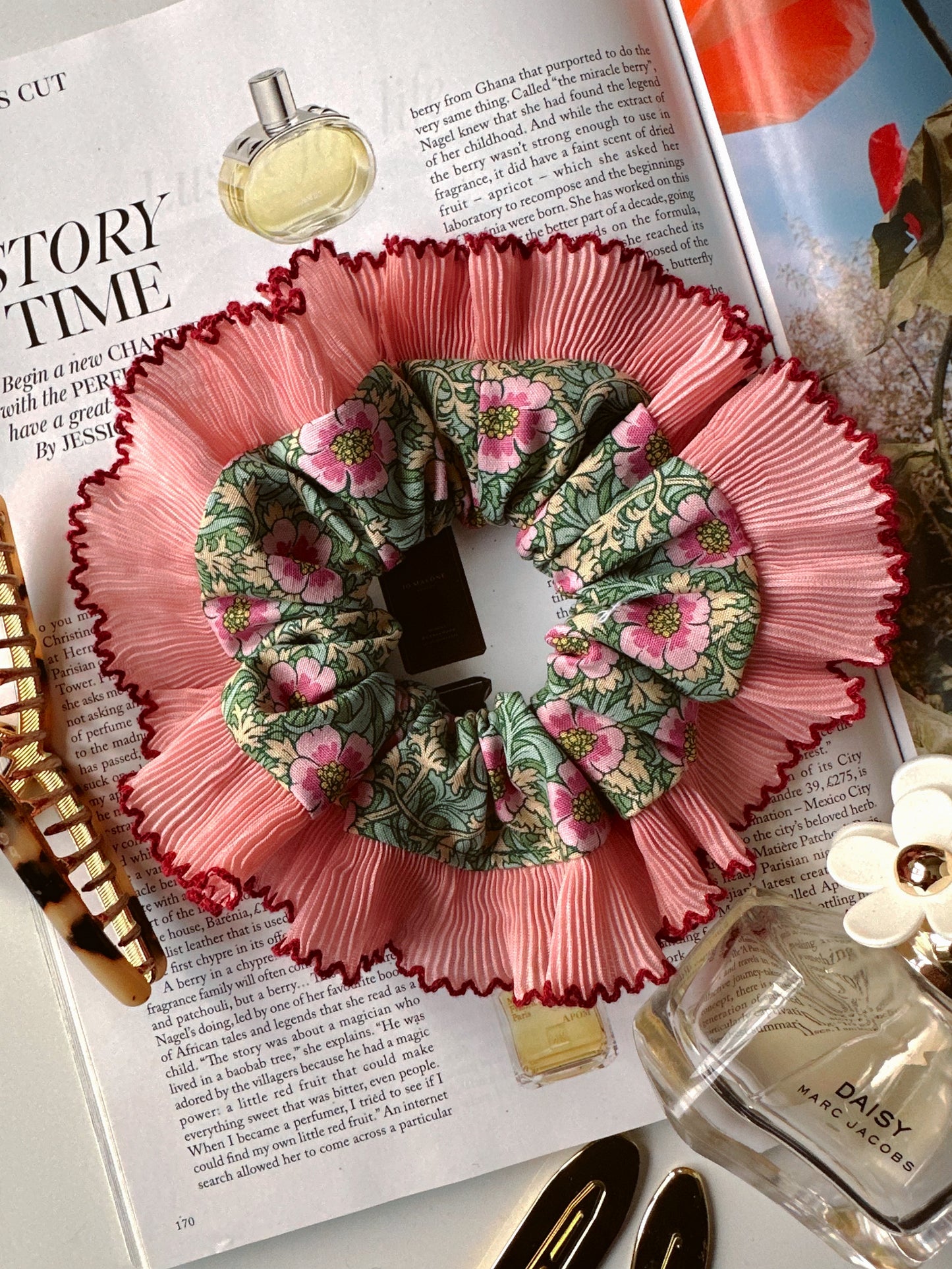 XL Floral Scrunchie with Pink and Red Frill Trim