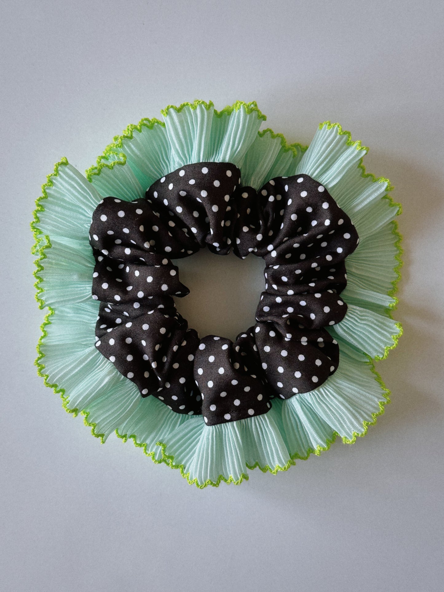 Oversized Dark Brown Polkadot Scrunchie with Green Frill Trim