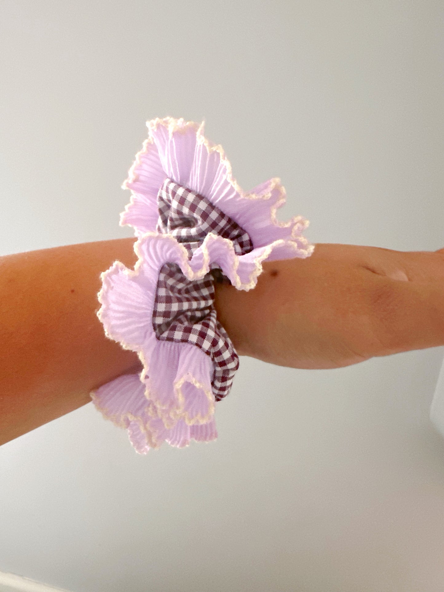 Mini Mulberry Gingham Scrunchie with Purple Frill Trim