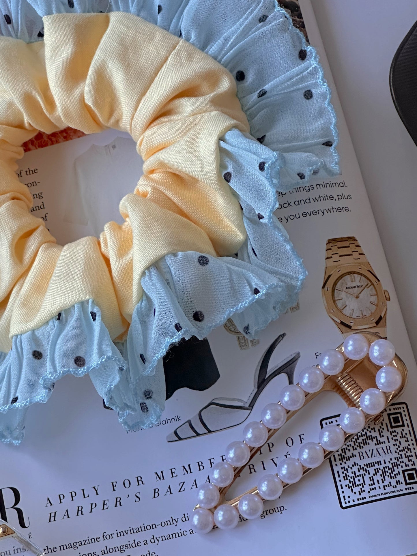 Oversized Butter Yellow  Scrunchie with Blue Polkadot Trim