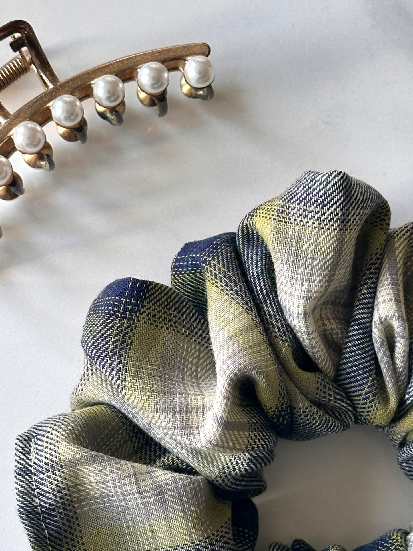 XL Green and Navy Tartan Scrunchie