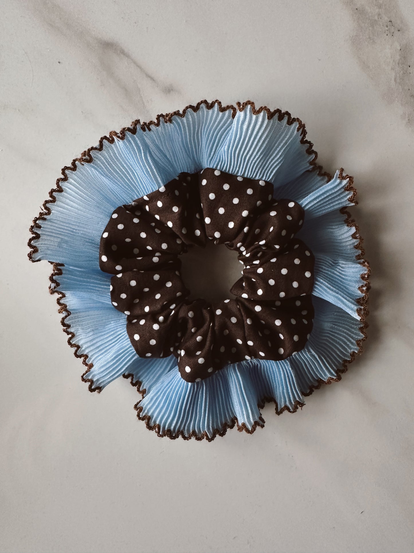 Oversized Dark Brown Polkadot Scrunchie with Baby Blue Frill Trim