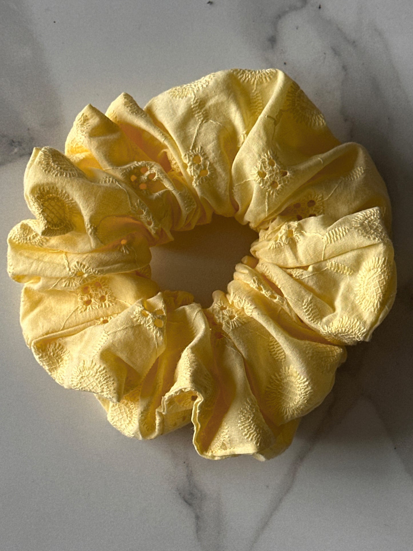 Lemon Broderie Scrunchie – Handmade Embroidered Cotton Hair Tie