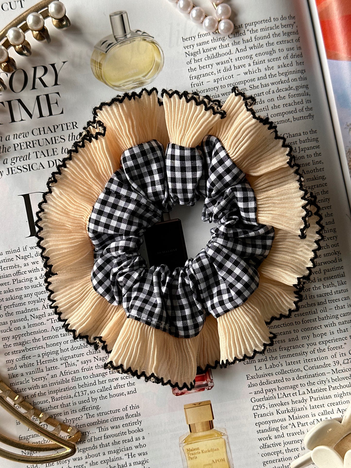 Smaller Black Gingham Scrunchie with Cream Frill Trim