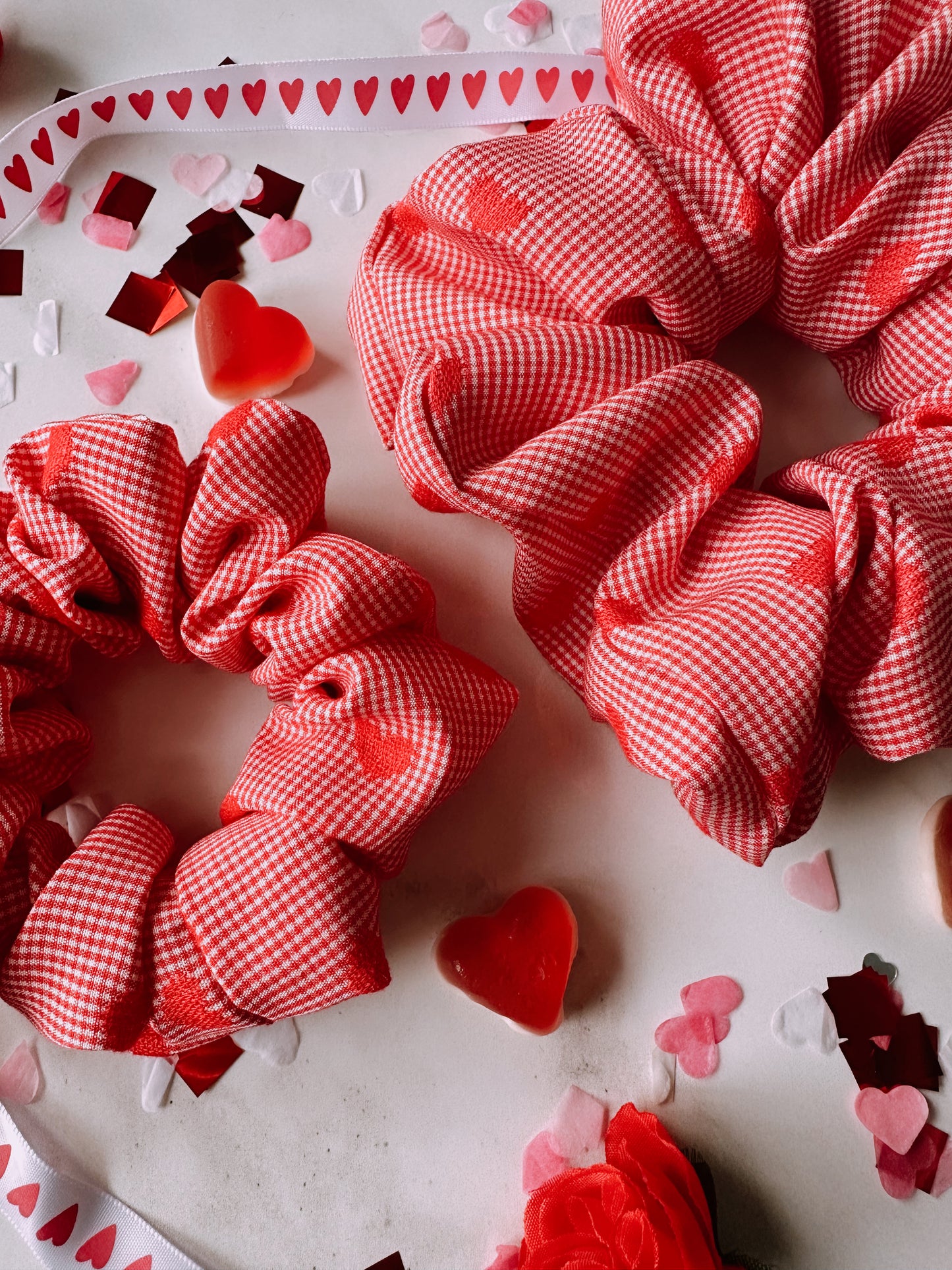 Valentines Gingham and Heart Print Scrunchie