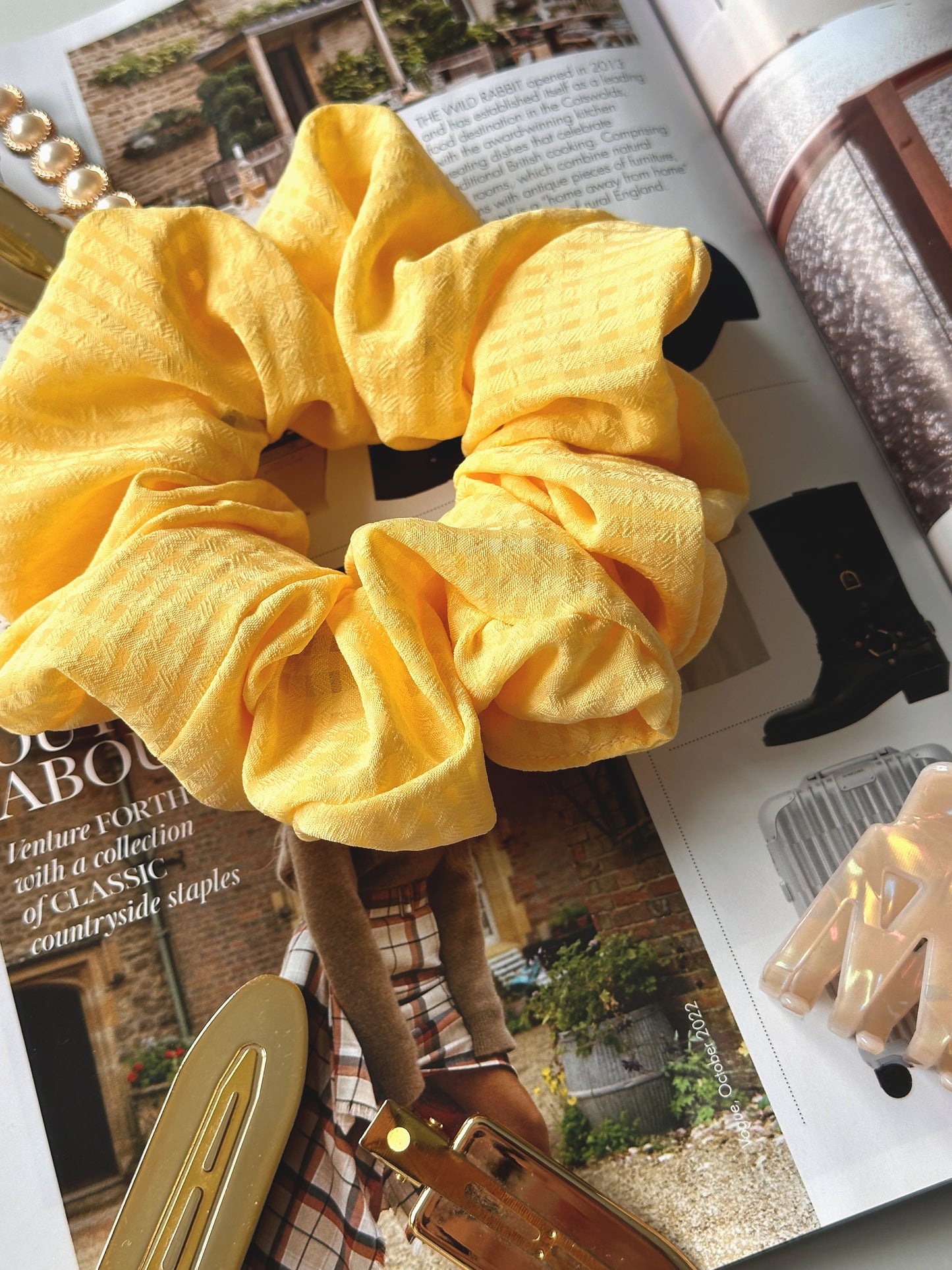 Handmade Butter Yellow Gingham Chiffon Scrunchie