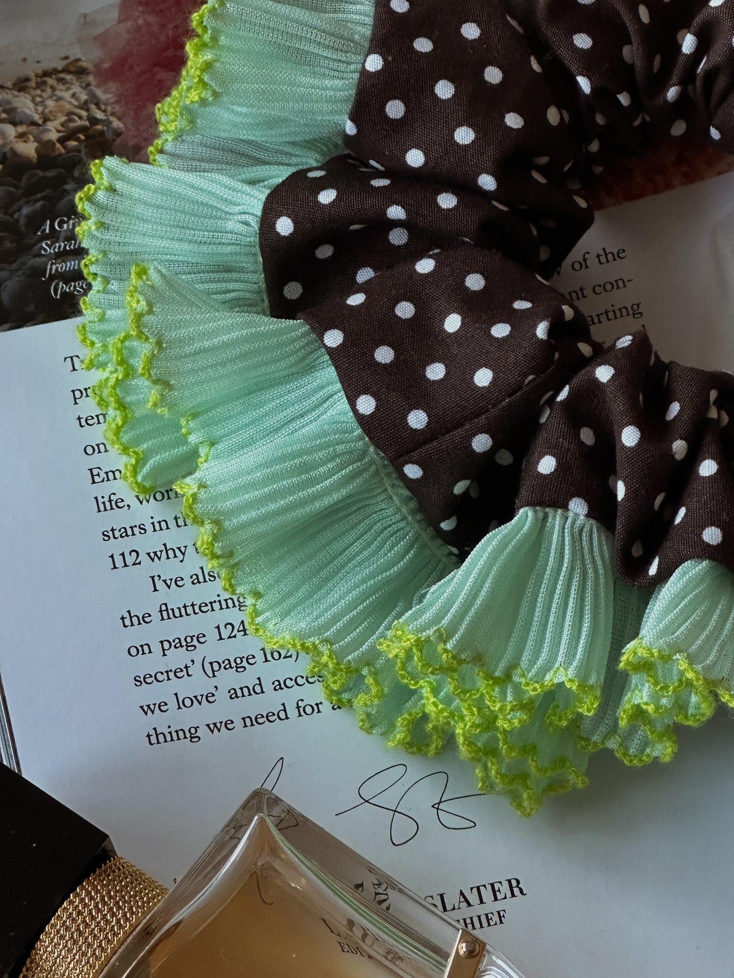 Oversized Dark Brown Polkadot Scrunchie with Green Frill Trim