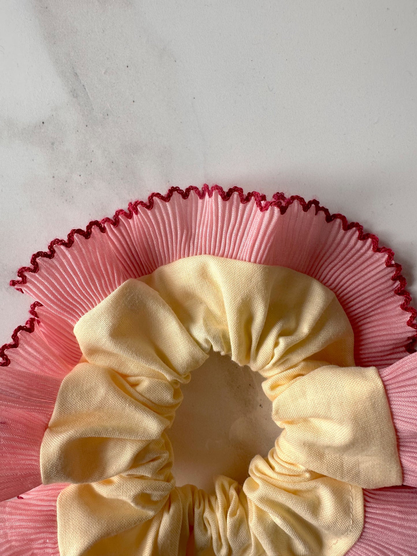 Handmade XL Butter Yellow and Pink Cotton Ruffle Scrunchie