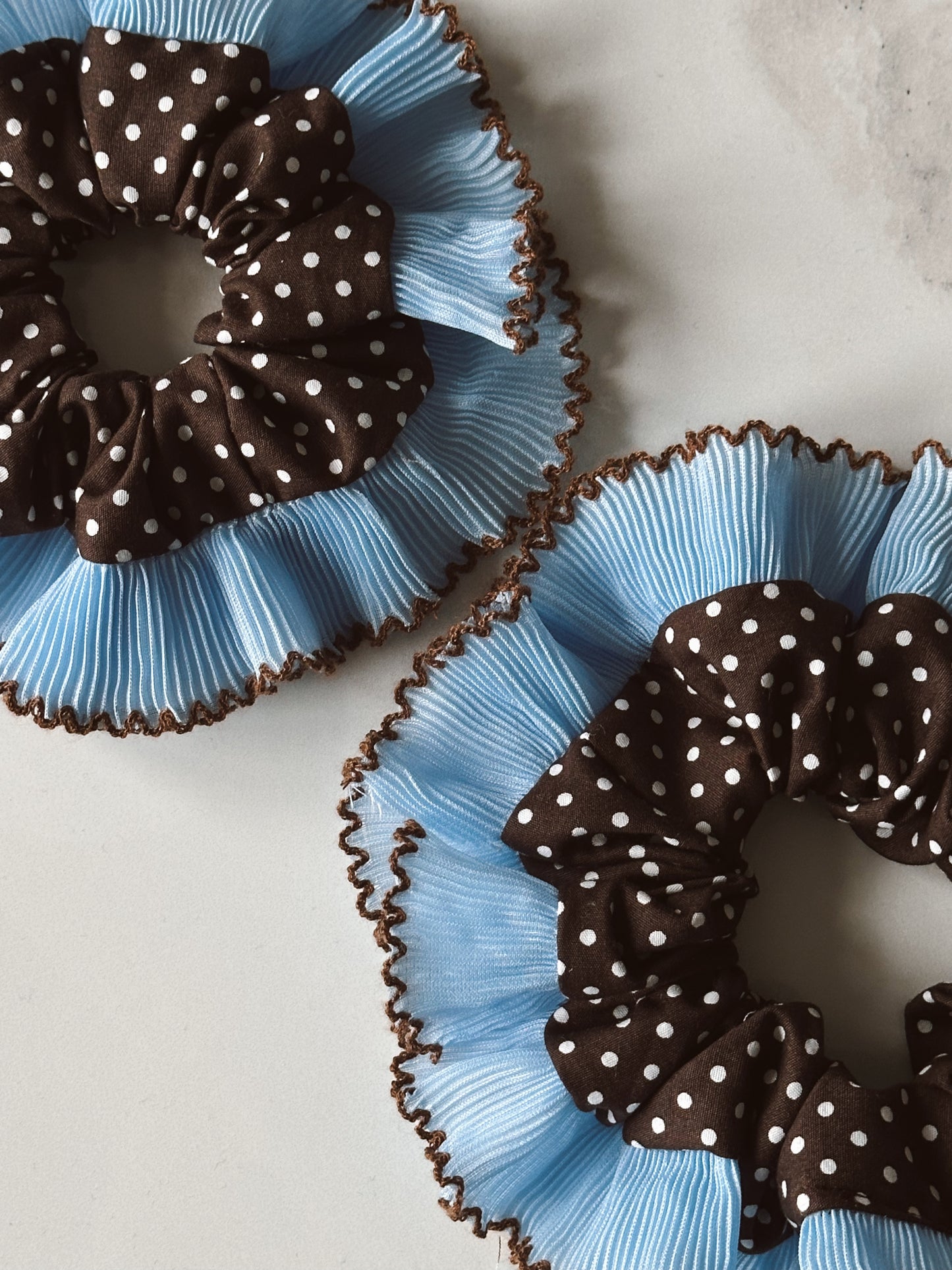 Oversized Dark Brown Polkadot Scrunchie with Baby Blue Frill Trim