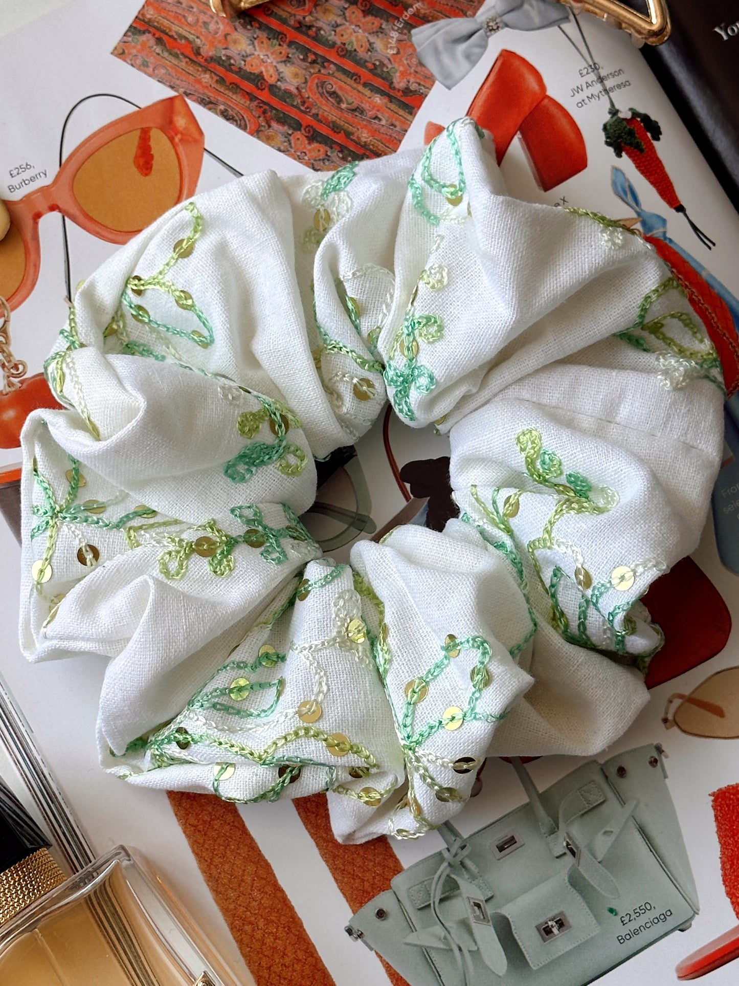 White Linen Scrunchie with Green Sequinned Embroidery