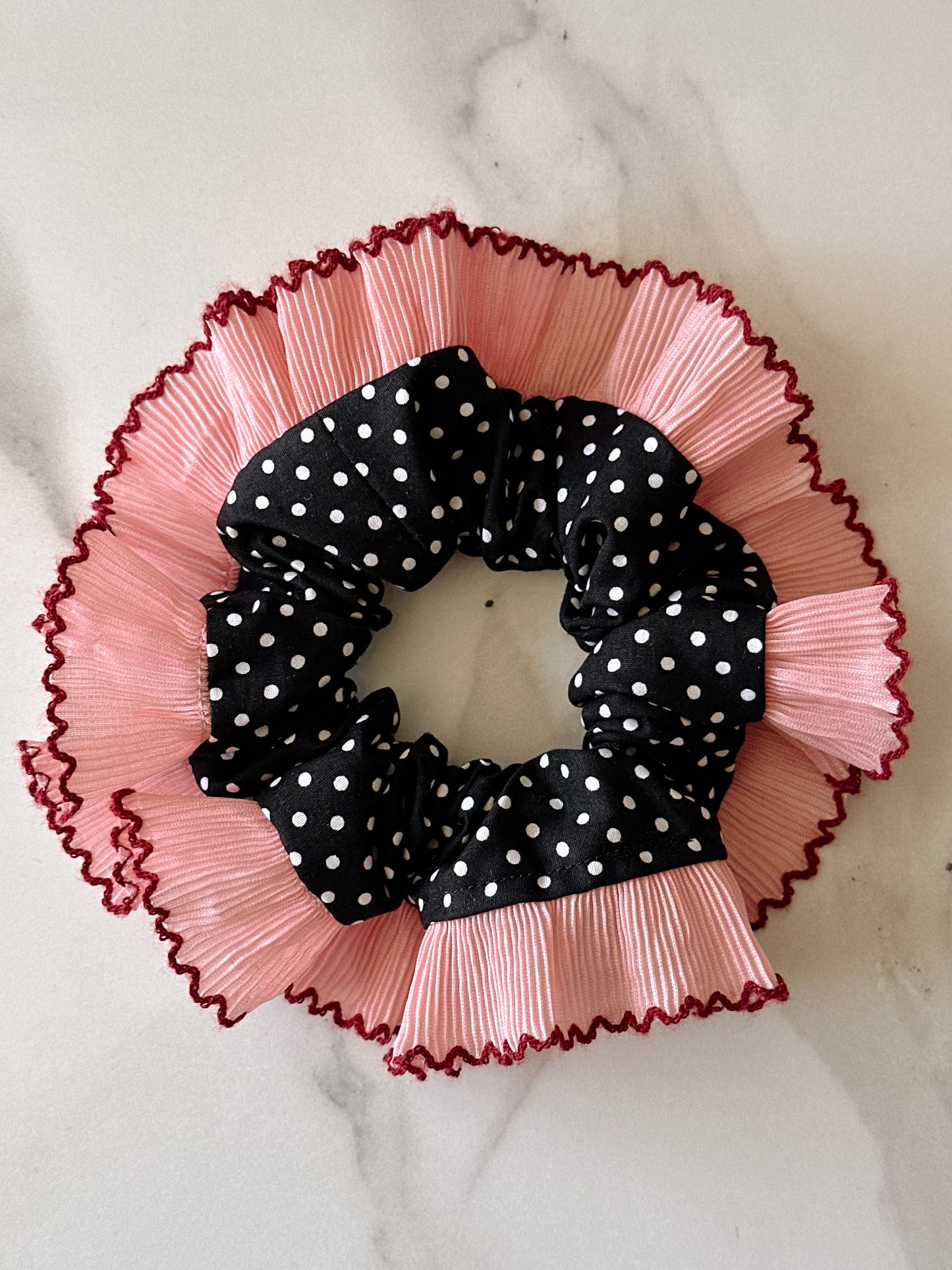 Oversized Black Polkadot Scrunchie with Pink Frill Trim