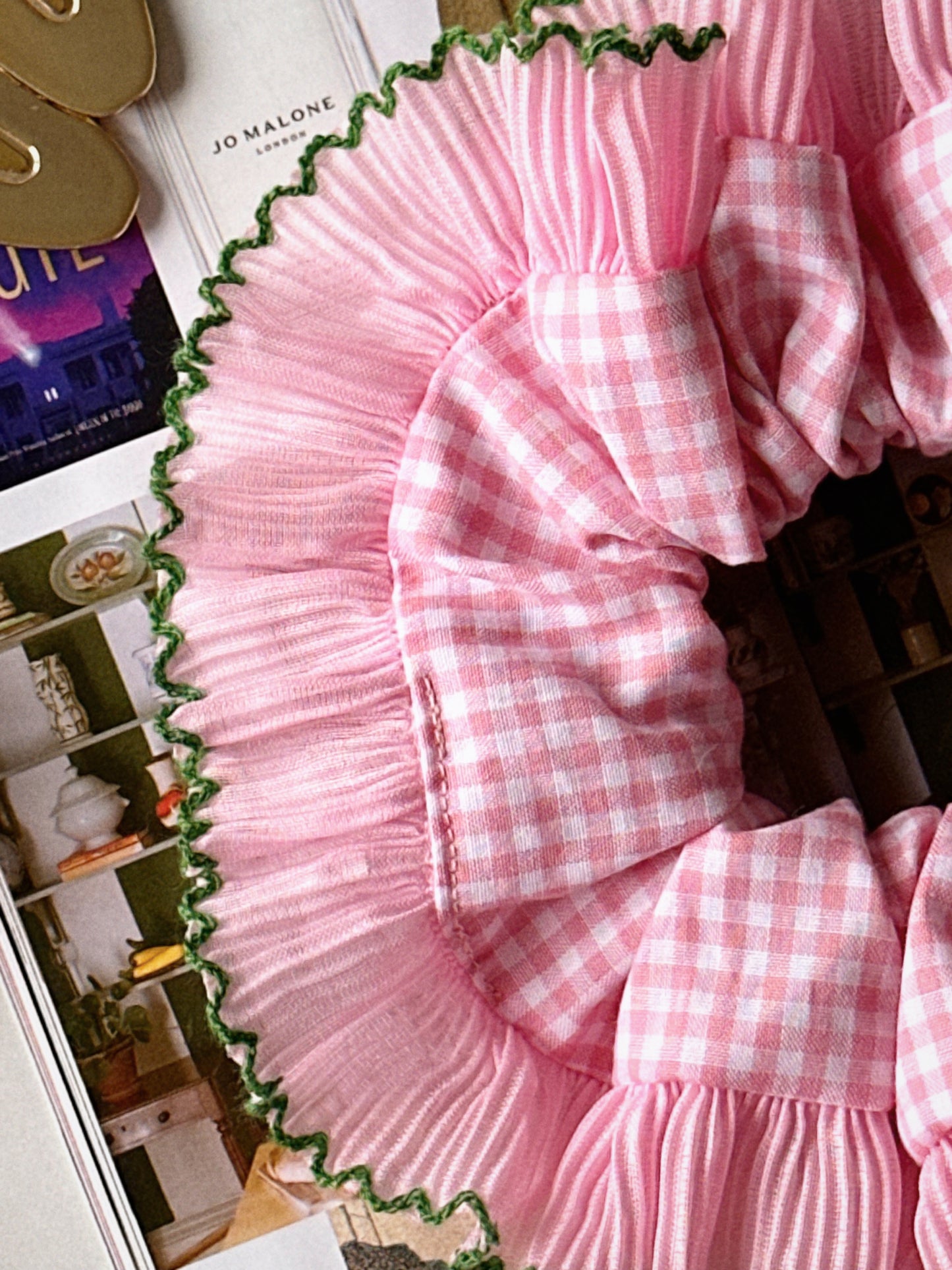 XL Pink Gingham Scrunchie with Pink and Green Frill Trim