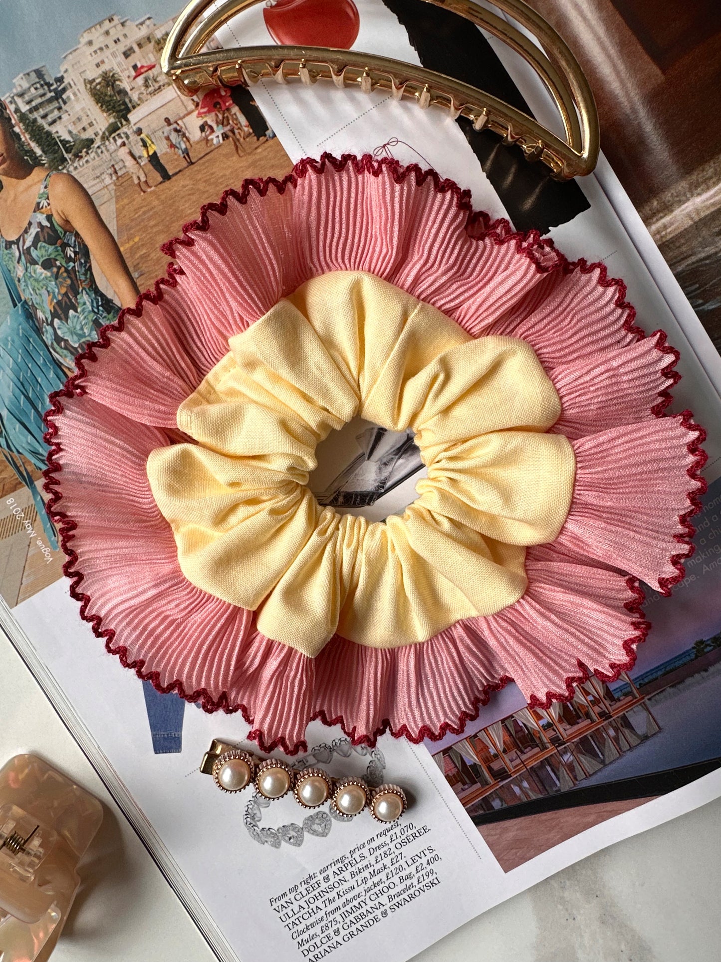 Mini Oversized Butter Yellow Scrunchie with Pink Frill Trim