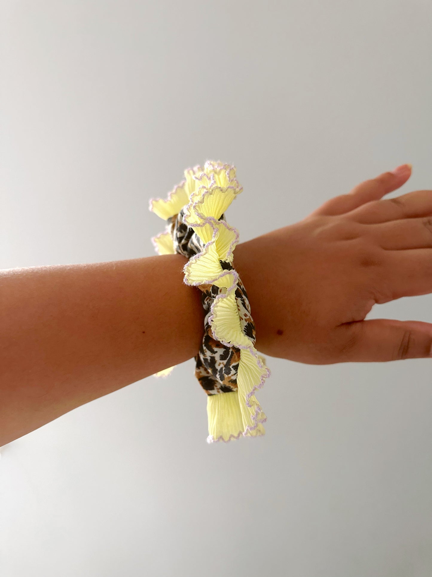 Mini Oversized Leopard Print Scrunchie with a Yellow Frill Trim