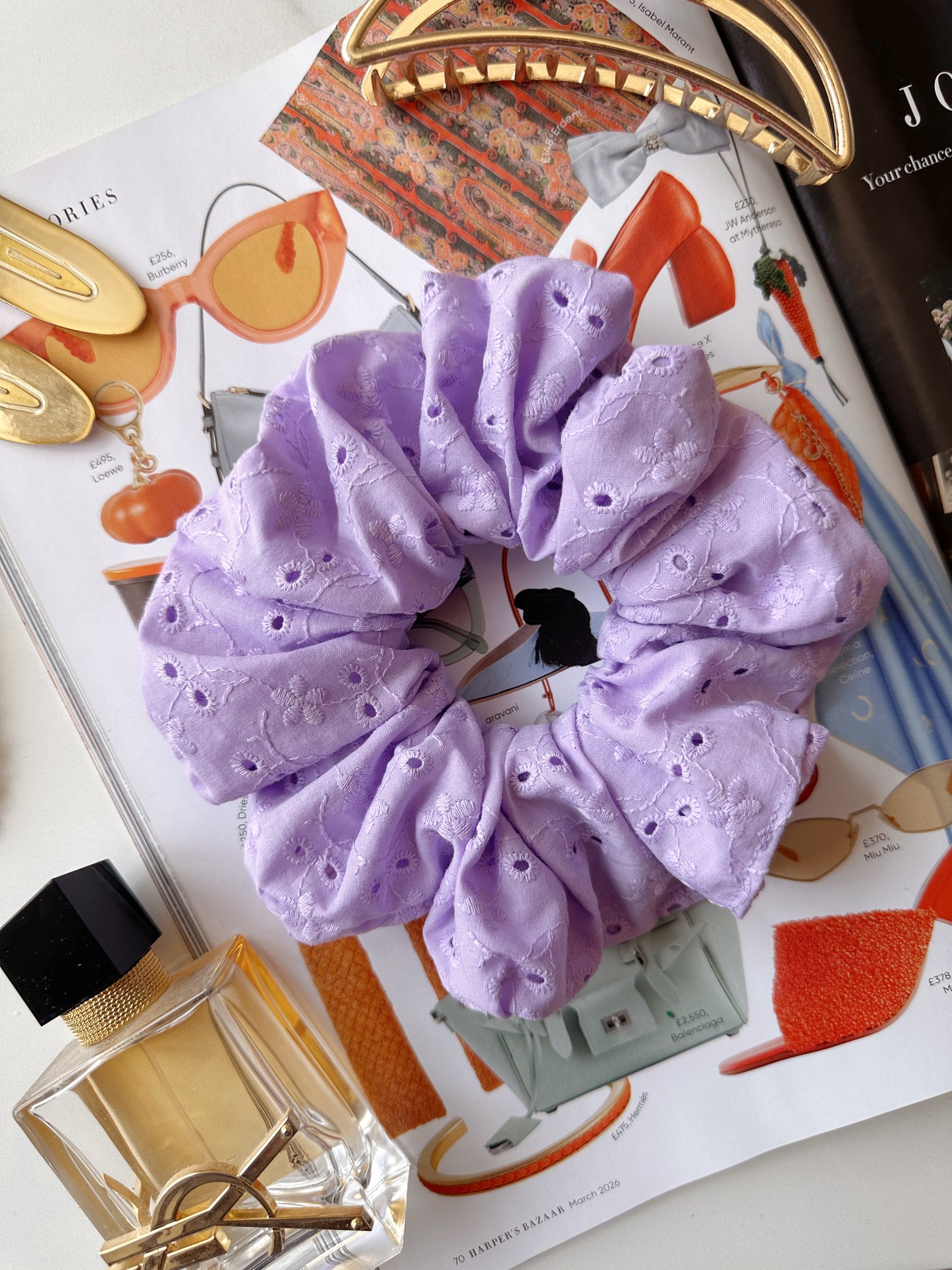 Lilac Broderie Anglaise Embroidered Scrunchie