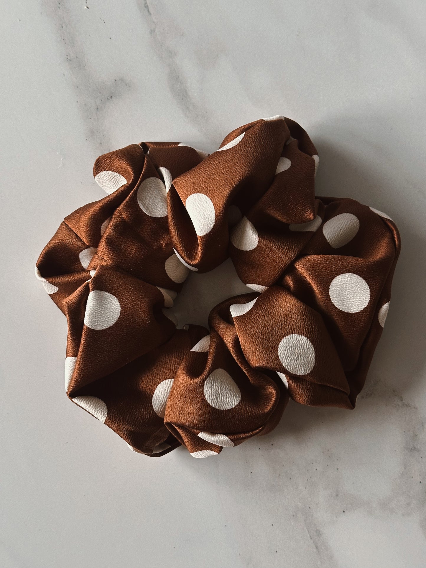 Brown and White Polkadot Satin Scrunchie
