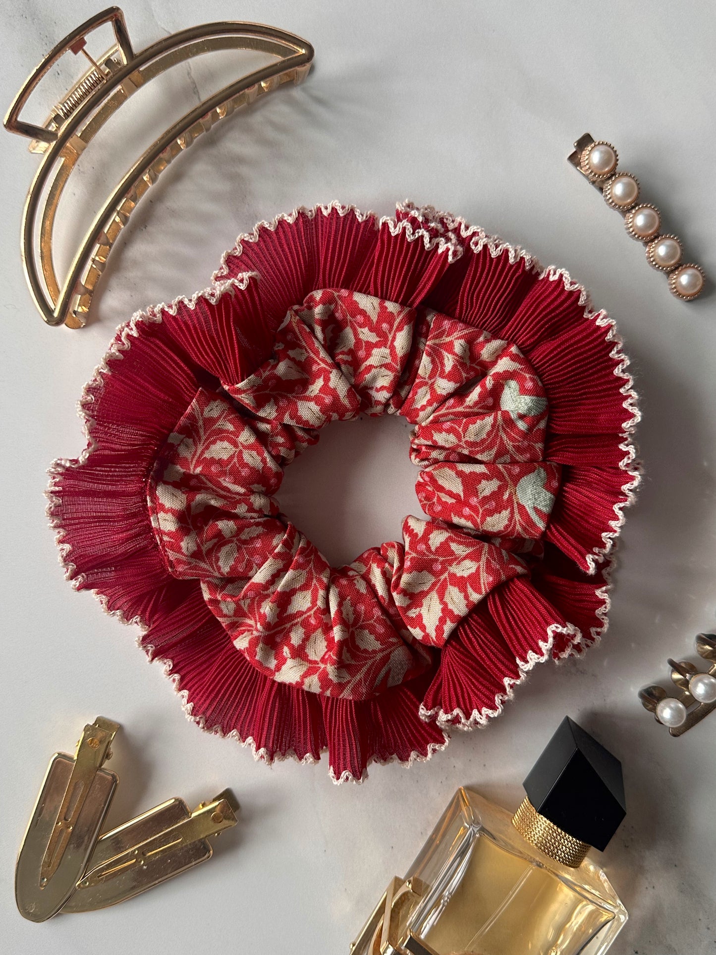 Red Christmas Print Scrunchie with Red and White Frill Trim