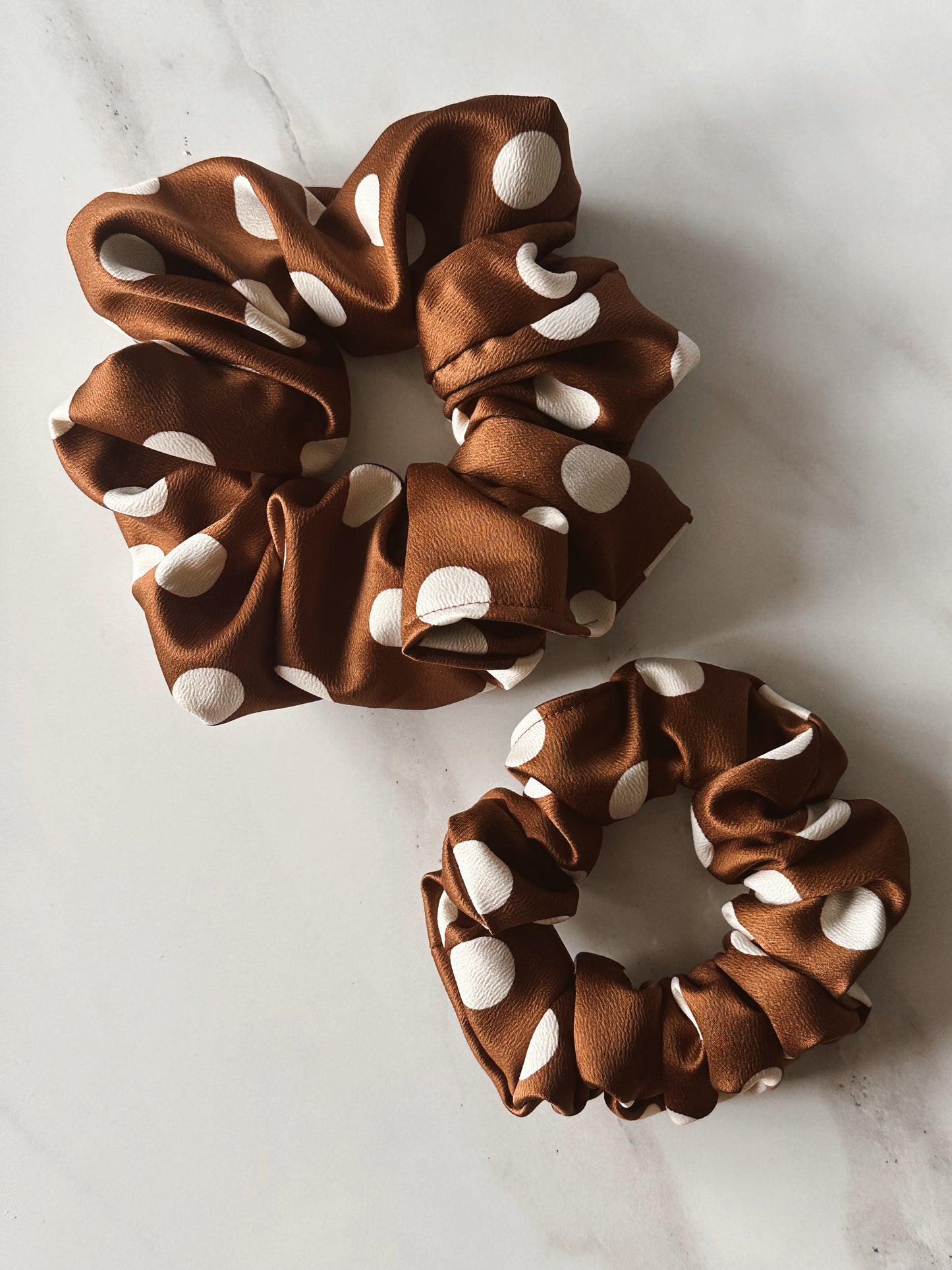 Brown and White Polkadot Satin Scrunchie