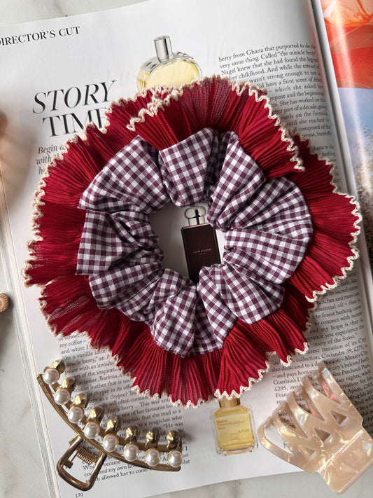 XL Mulberry Gingham Scrunchie with Red and White Frill Trim