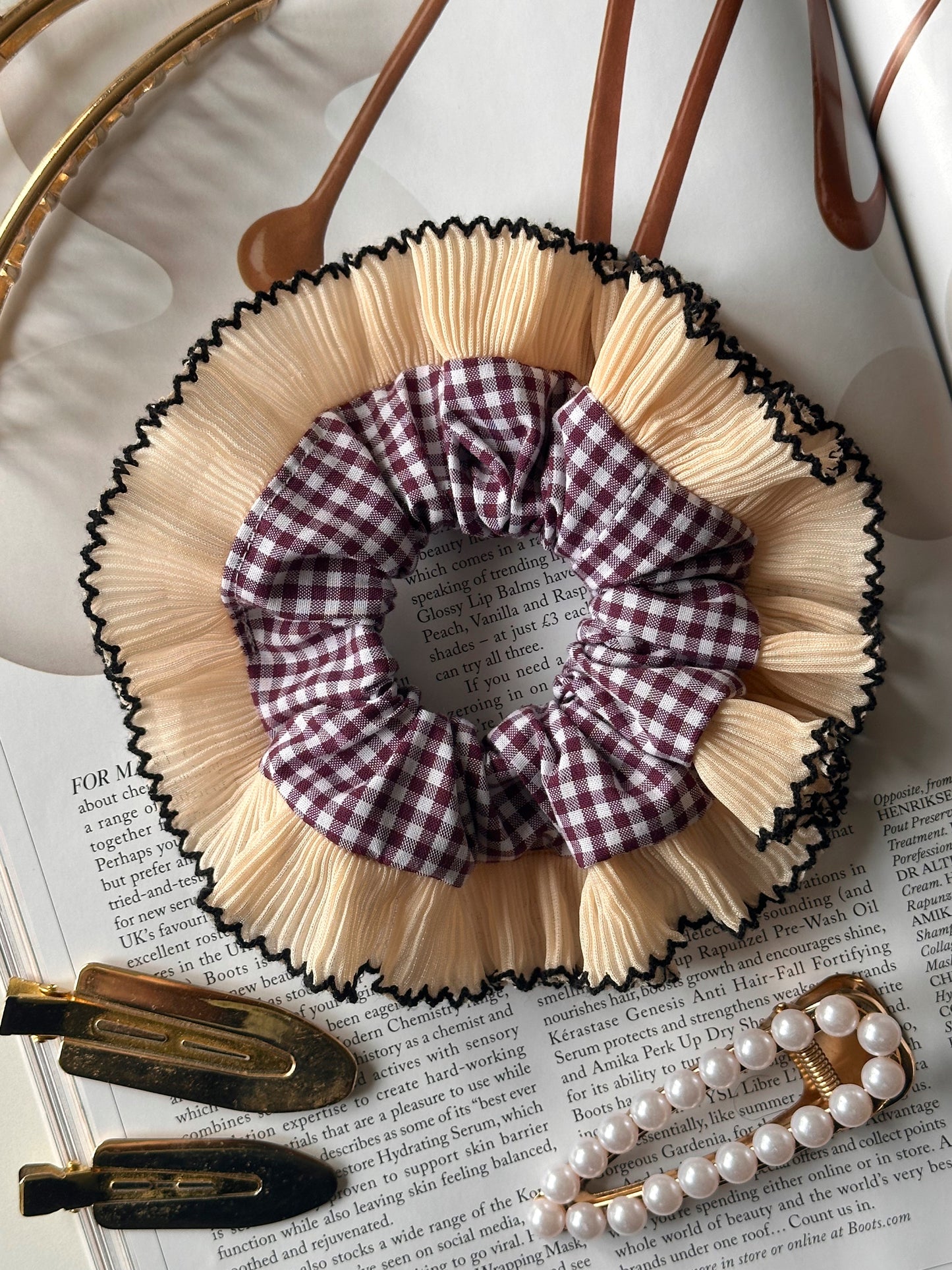 Mini Mulberry Gingham Scrunchie with Cream Frill Trim